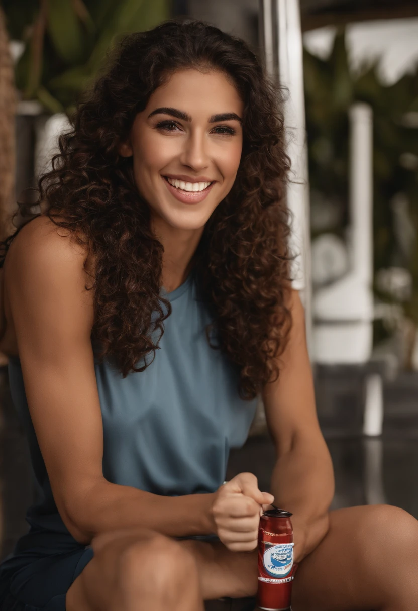 An athletic 20-year-old with dark brown hair with curls falling over her shoulders. Her brown eyes have a special sparkle that reflects her joy and determination... Su piel bronceada muestra algunas pecas en su nariz y sus mejillas, que le dan un aspecto dulce y natural. Lleva un conjunto deportivo de color azul que resalta su figura esbelta y tonificada. El sujetador deportivo deja al descubierto su abdomen plano y sus brazos musculosos. Las mallas se ajustan a sus piernas largas y firmes. He holds a can of green drink in his right hand while smiling confidently. The can has the logo of an energy drink brand that sponsors its track team... En su mano izquierda lleva una toalla blanca con la que se seca el sudor de su frente. She's sitting on a wooden bench in a modern, Gimnasio bien equipado.. Around it there are several bodybuilding equipment, pesas, colchonetas y espejos. En uno de los espejos se ve el reflejo de su rostro, who shows an expression of pride and satisfaction for their effort.