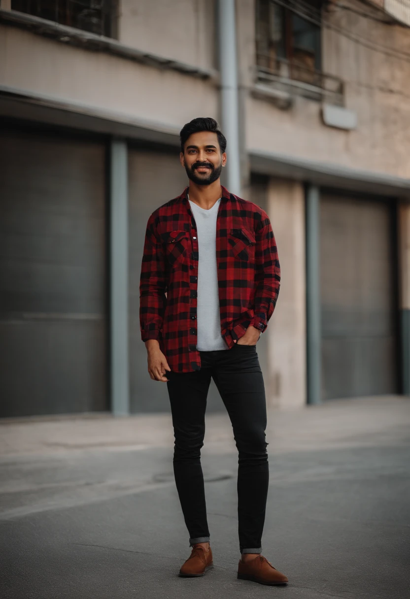 arafed man standing on the street in front of a building, full body picture, with a cool pose, casual photography, full body photogenic shot, casual pose, wearing a flannel shirt, shot on canon eos r 5, shot on canon eos r5, full body portrait shot, classic vibes, casually dressed, * colour splash *, flannel, stylish pose