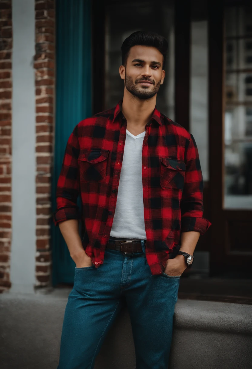 arafed man standing on the street in front of a building, full body picture, with a cool pose, casual photography, full body photogenic shot, casual pose, wearing a flannel shirt, shot on canon eos r 5, shot on canon eos r5, full body portrait shot, classic vibes, casually dressed, * colour splash *, flannel, stylish pose