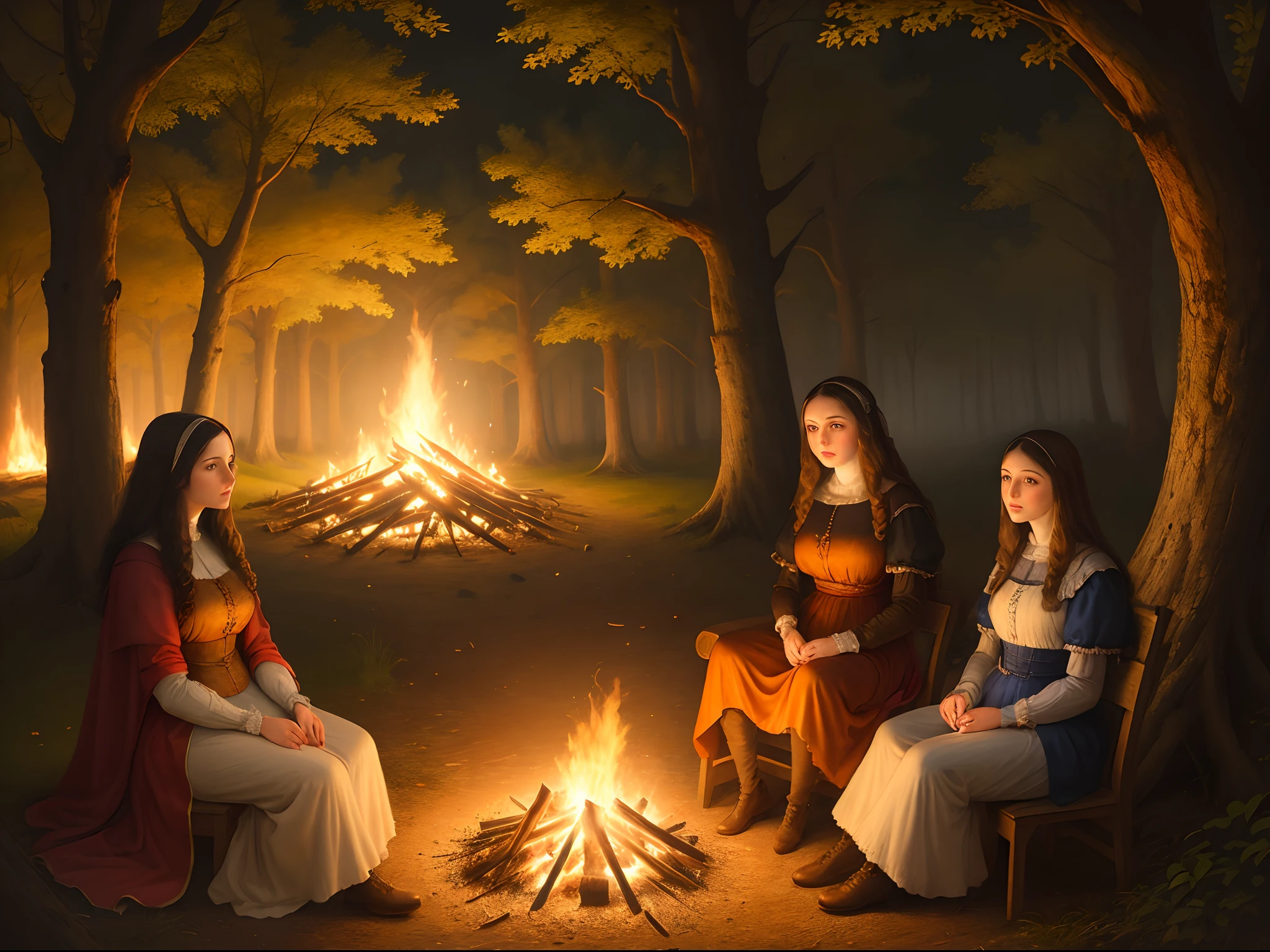 Woman an her daughter sitting around a bonfire. Her husband is standing beside them protecting them from the dark. Woods landscape. Nightview. Renaissance style painting.