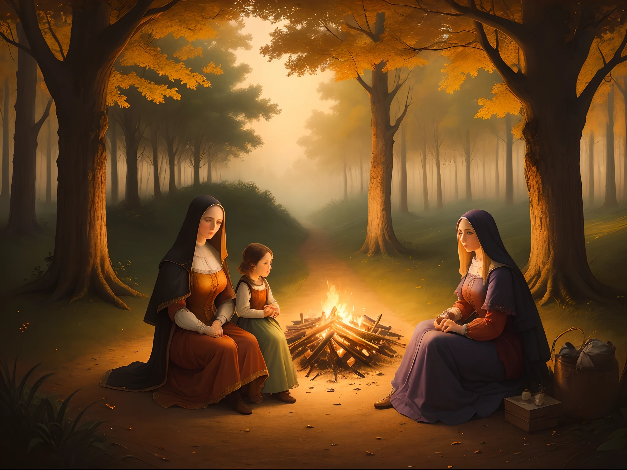 Woman an her daughter sitting around a bonfire. Her husband is standing beside them protecting them from the dark. Woods landscape. Nightview. Renaissance style painting.