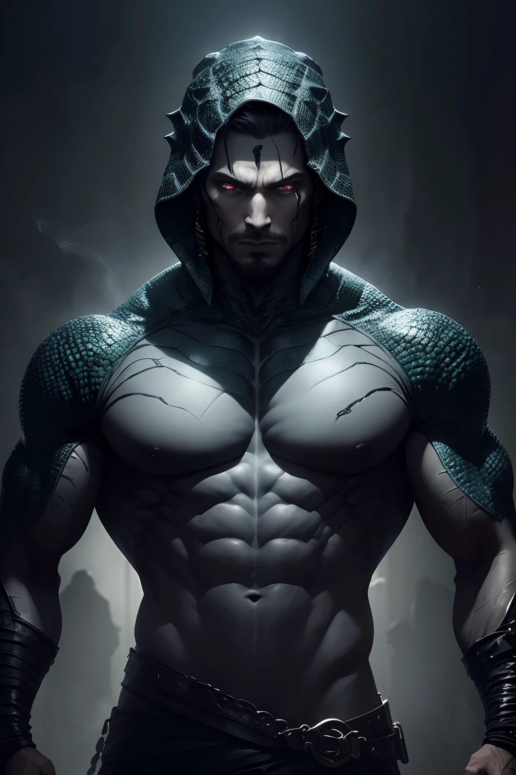Man who has skin like that of a reptile, Ele tem uma grande capacidade de se camuflar e de controlar o Sangue (sendo essa a sua magia), as well as wearing dark clothing, cabelos grisalhos