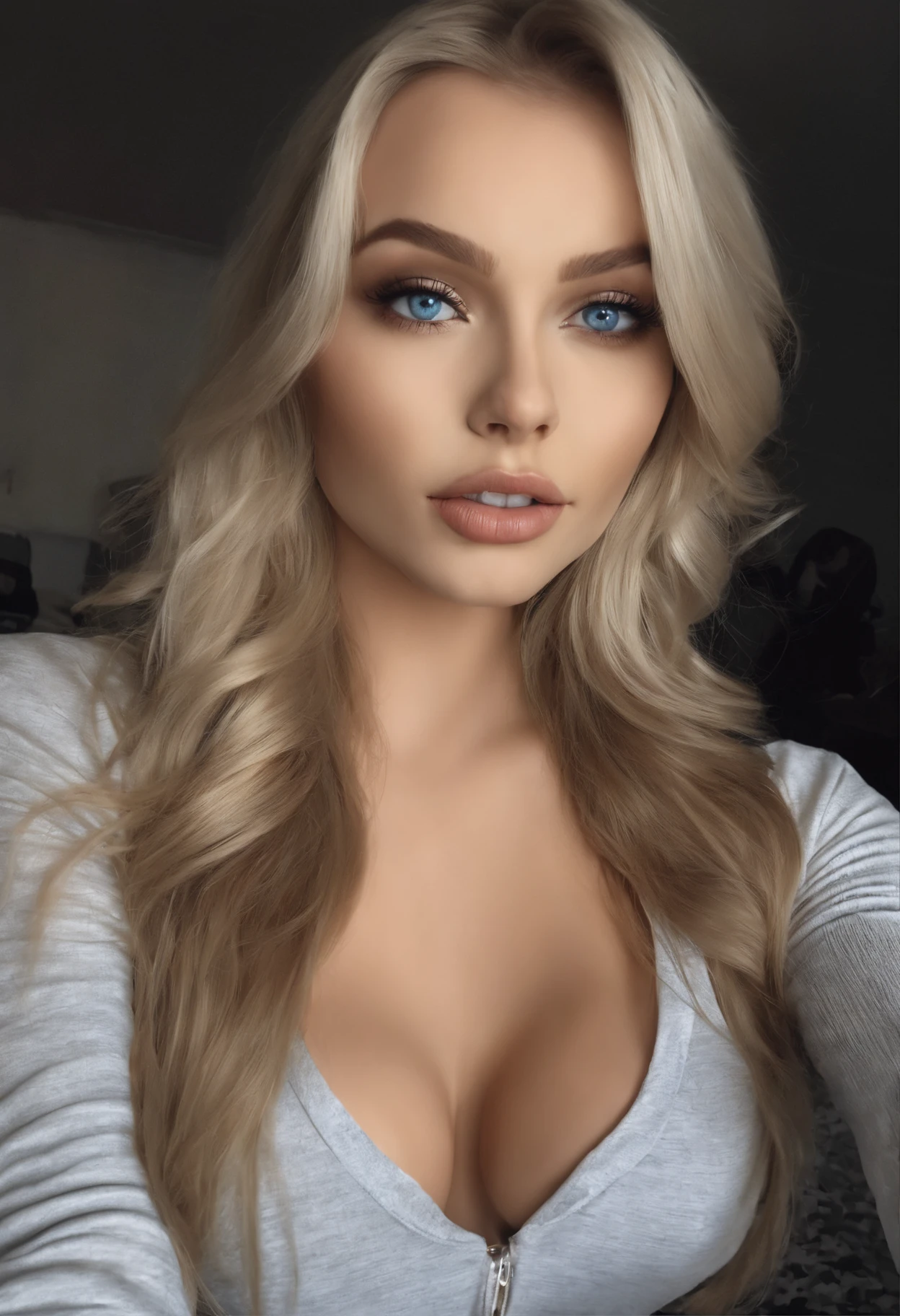 Arafed Frau komplett , Sexy girl with blue eyes, Ultra-realistisch, Akribisch detailliert, portrait sophie mudd, blonde hair and large eyes, Selfie einer jungen Frau, Kammeraugen, Violet Myers, Frei von Make-up, Natural makeup, Blick direkt in die Kamera, Gesicht mit Artgram, Dezentes Make-up, Great photo of the whole body kneeling on the bed, im Zimmer, medium to large bust size