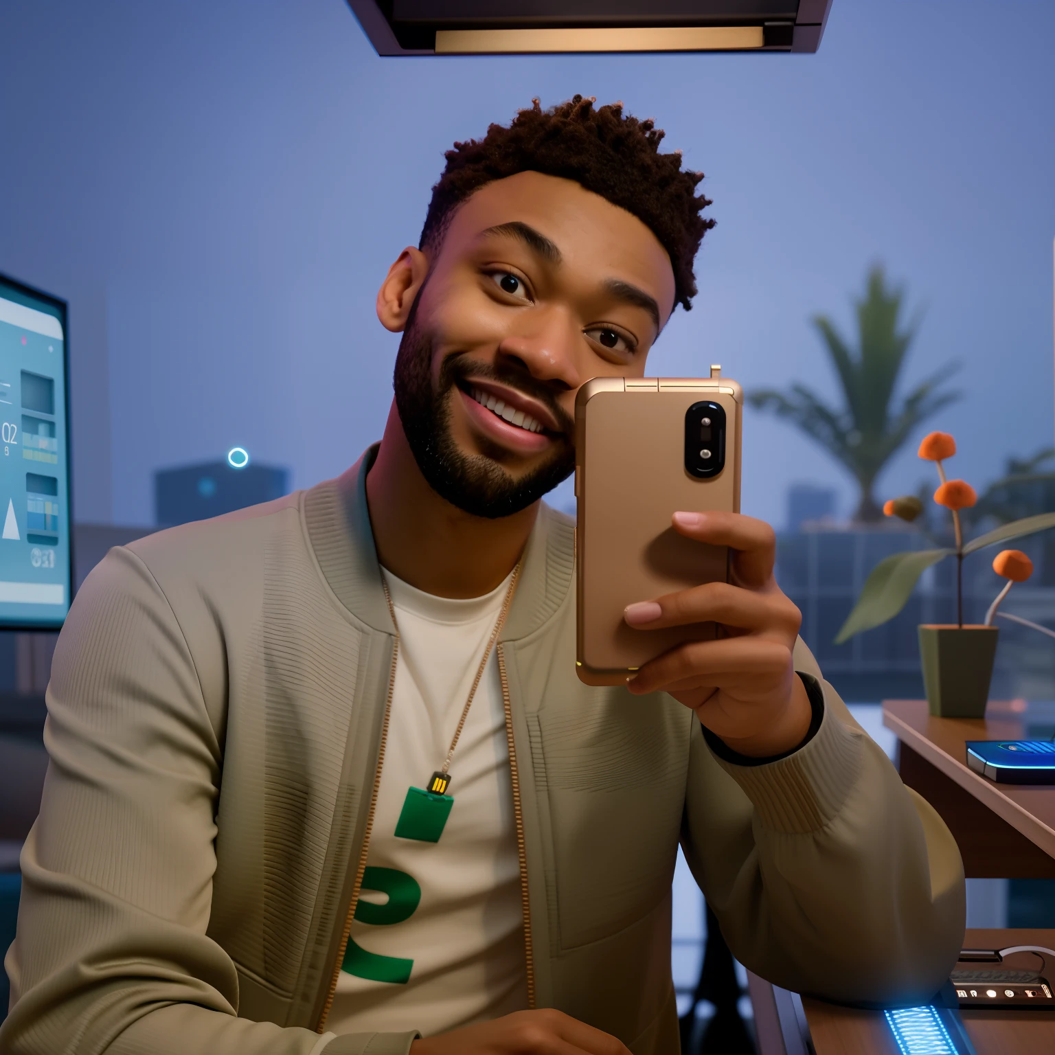 Homem tira selfie com celular em frente a computador, 8k portrait render, pixar retrato 8 k foto, foto de retrato detalhada, Representado como um personagem da Pixar, semi-realistic rendering, Donald Glover como Miles Morales, animado ainda, olhando para o telefone dele, Fotografia selfie 8k, Captura de tela do videogame de 2020