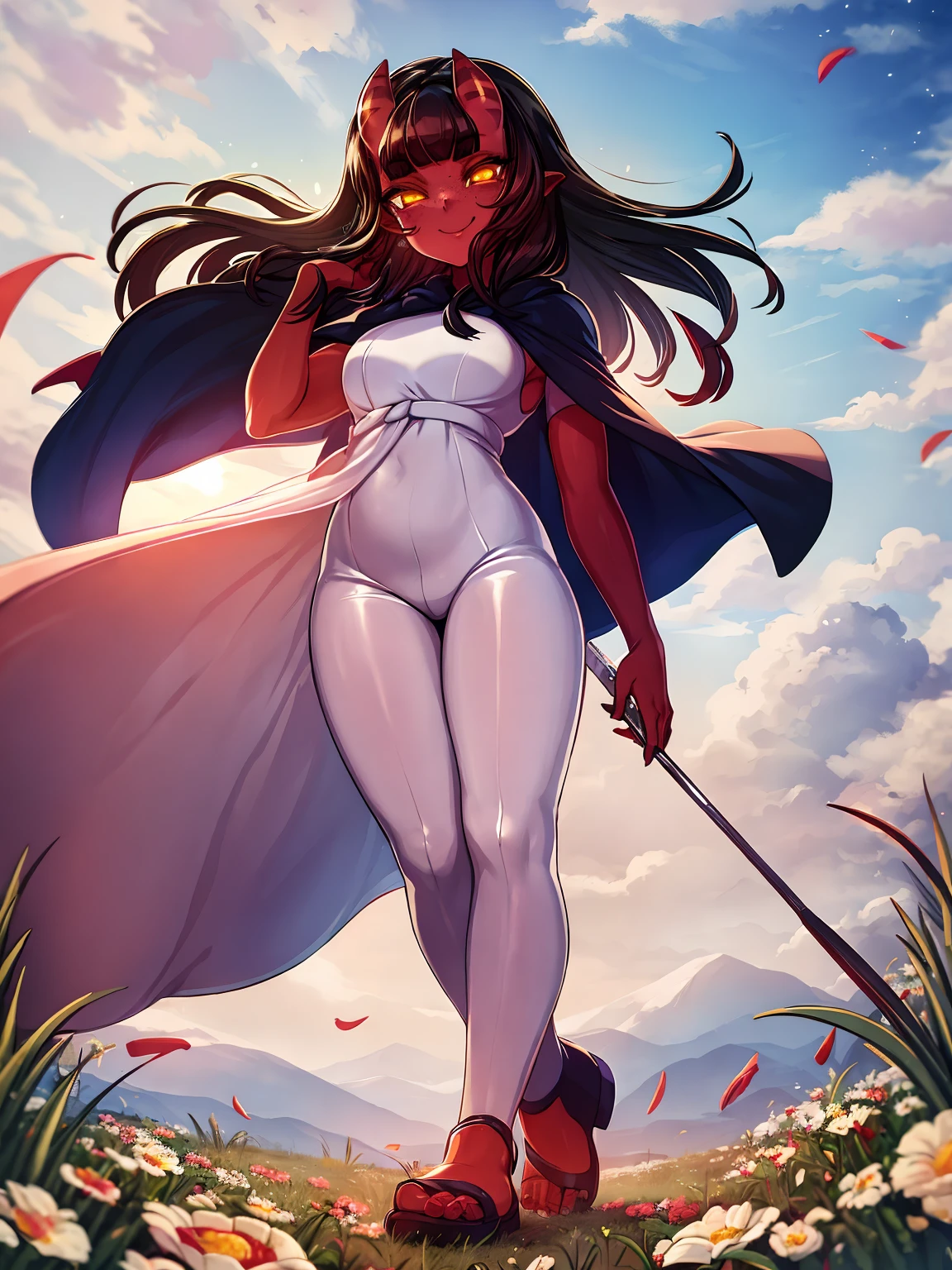a beautiful and detailed image of meru , merunyaa,(red skin:1.3), horns,clothed,(freckles), flowing white dress,backlighting, field of flowers, holding flower, flower hair accessory, yellow eyes,smile, clouds,in front, alone, pants, medium breast,, knife holding, cloak, cape, walking, pants, solo, flip flops boots, full body, big breast