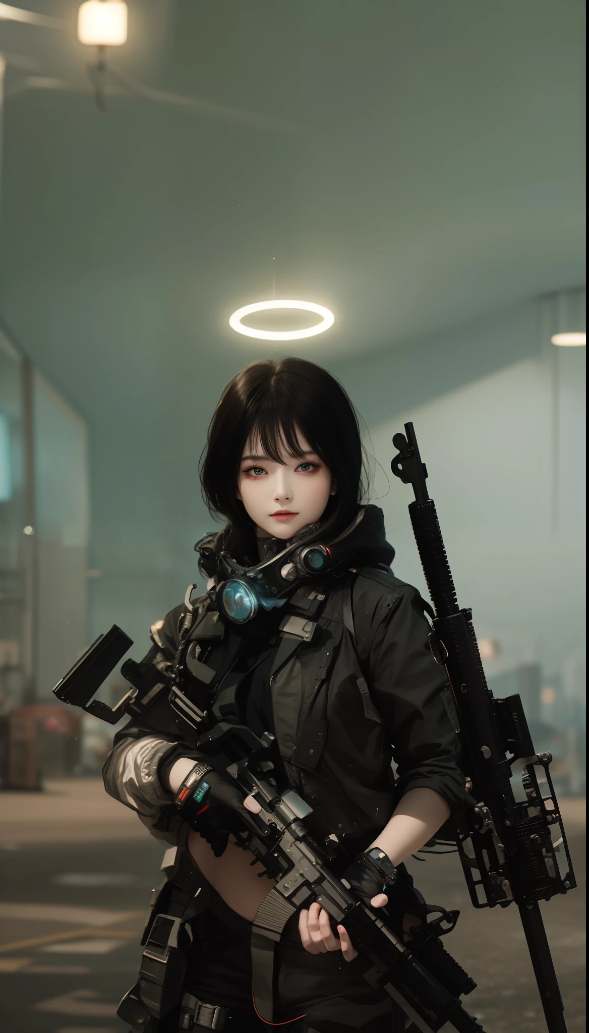 8K uhd, materpiece, a beautiful girl, detaild eye, good face, detaild eyebrow, cyberpunk outfit, white outfit, cyberpunk, Cyberspace, cyberpunk shining background, neon effect, Spreading lighting, red lighting, whole body capture, full image,gun