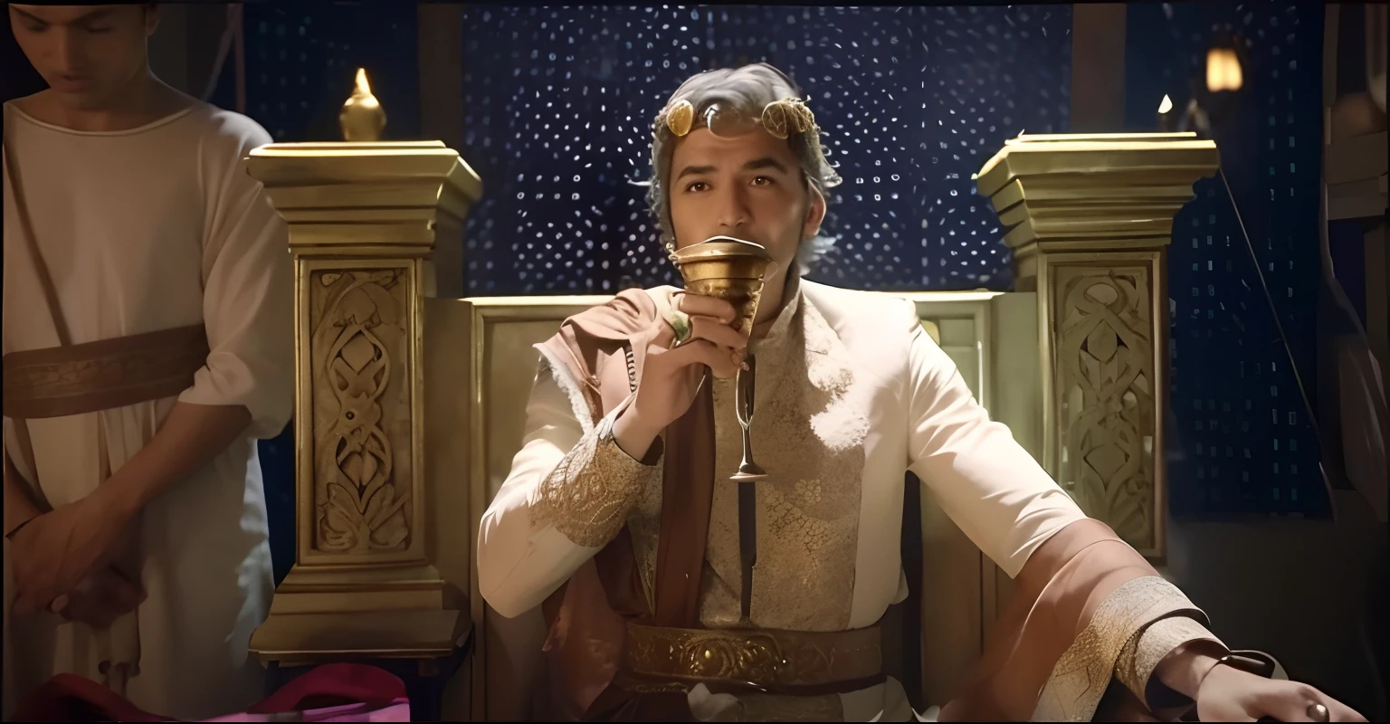Man in white shirt and golden outfit holding an antique cup, ainda de um filme de fantasia, comercial de champanhe, Comercial de TV, Mahira Khan como um D&assistente d, youtube video screenshot, captura de tela de um filme, ainda filmado do filme, vestido como imperador, cavaleiro bebe cerveja, como um personagem de fantasia medieval, ainda de um filme live action