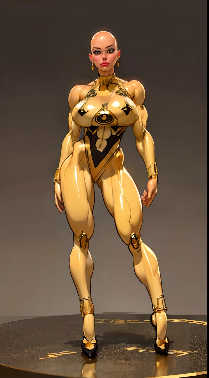 8k ((long neck:1.5))((full body view))((view from below:1.5)),(large eyes:1.3), defined cheekbones, looking back, ((the pit style:1.4))((sleek gold bodysuit:1.6)) ((intricate translucent details:1.4))detailed face:1.5), translucent skin,(puffy lips:1.5) (translucent skin:1.6), (bald woman:1.7), (skinhead) ((sexy pose)),(Muscular:1.6), ((gigantic breasts:1.5)), )highly detailed, majestic, digital photography, art by artgerm and ruan jia and greg rutkowski, ((clear shoulder pads:1.2)), (masterpiece),((large shoulders:1.5)) sidelighting, (large arms:1.2), intricate details, (((black and gold color palette))), body appears see through, gold torso, ((black legs))