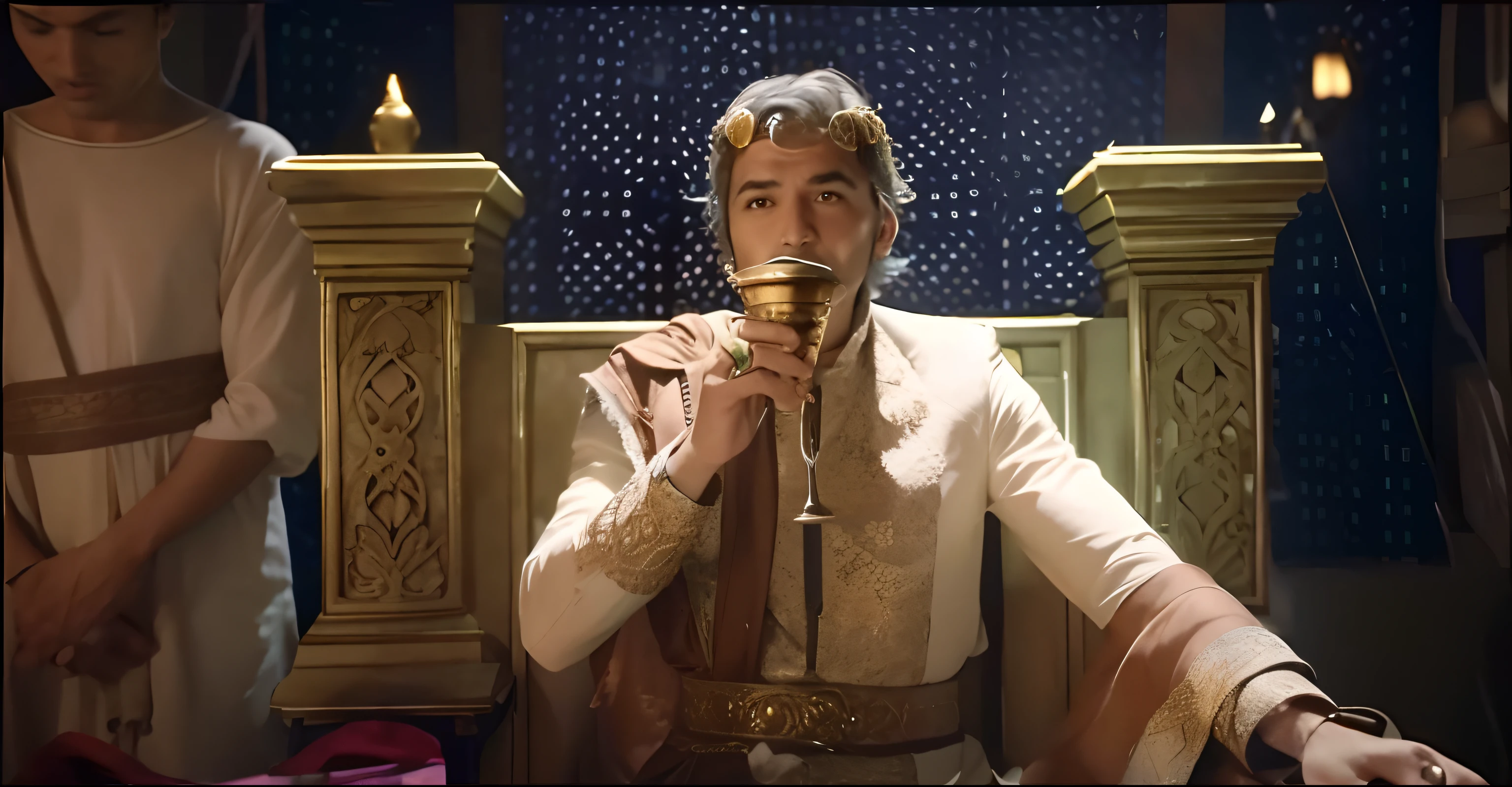 Man in white shirt and golden outfit holding an antique cup, ainda de um filme de fantasia, comercial de champanhe, Comercial de TV, Mahira Khan como um D&assistente d, youtube video screenshot, captura de tela de um filme, ainda filmado do filme, vestido como imperador, cavaleiro bebe cerveja, como um personagem de fantasia medieval, ainda de um filme live action
