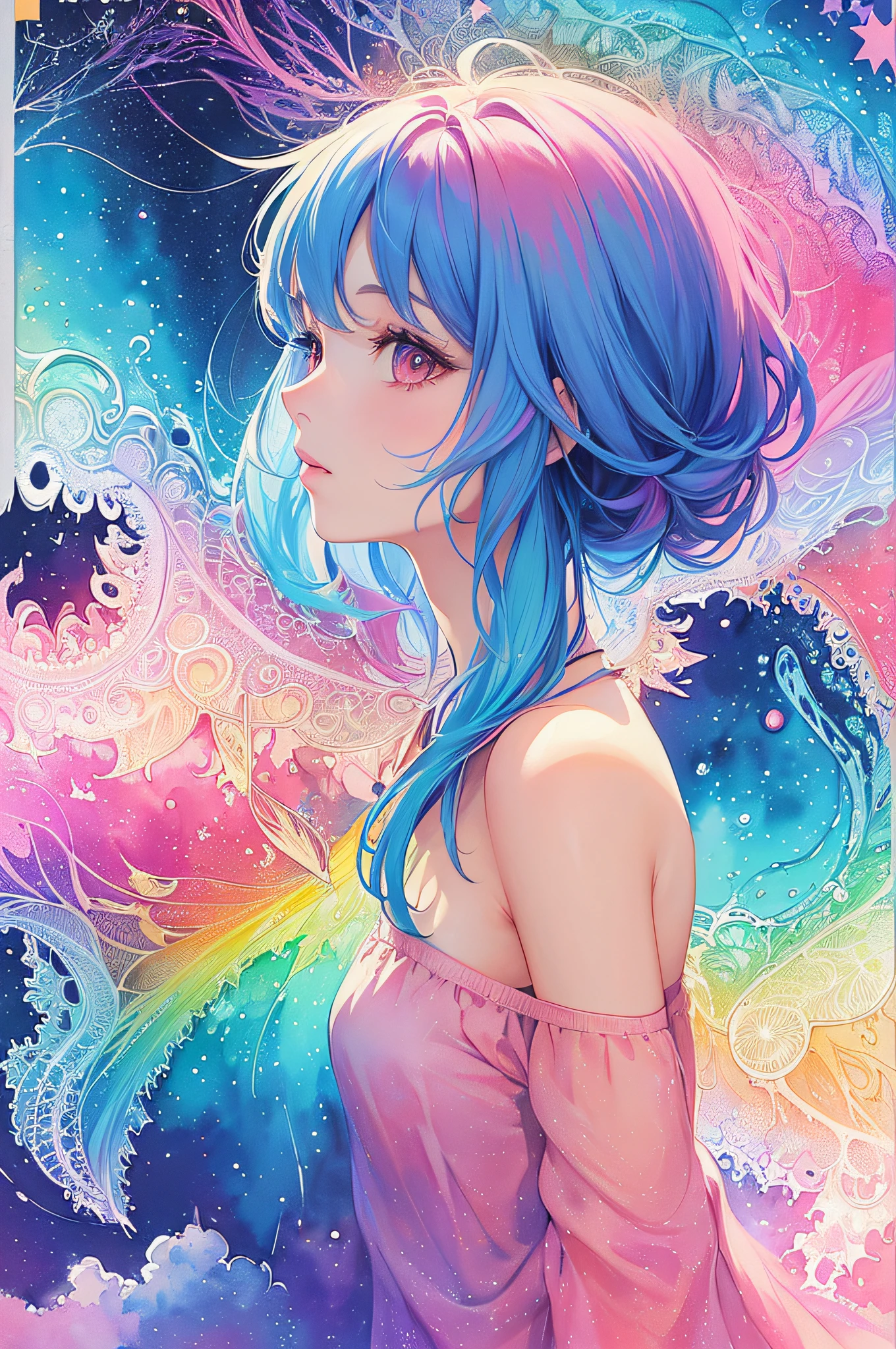 (masterpiece, top quality, best quality,watercolor (medium),official art, beautiful and aesthetic:1.2),(1girl:1.3), (fractal art:1.3),upper body, from side, looking at viewer,patterns,(rainbow color Hair,colorful hair,half blue and half pink hair:1.2),water,liquid, cloud,colorful, starry,stars,