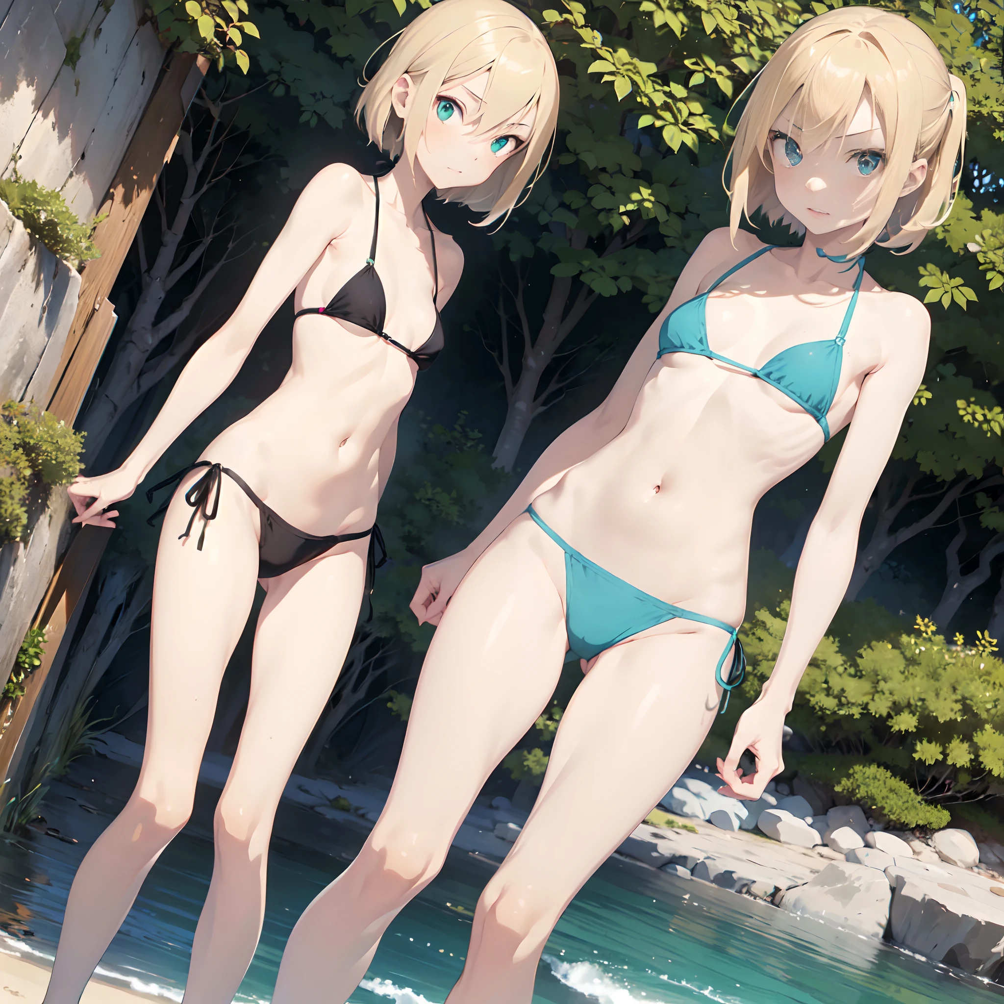 girl, (very young and very thin girl), extremely thin, anorexic, slender, ((walking alone)), ager, very short blonde hair, tomboy, green eyes, very white skin, ((very pale)), (breasts male), very small, straight breasts, ((flat breasts)), (pokies), ((extremely thin waist with incredibly thin hips)), (very thin legs), ((very thin thighs spread apart)), (tiny bikini , sexy and scooped), walking on the beach