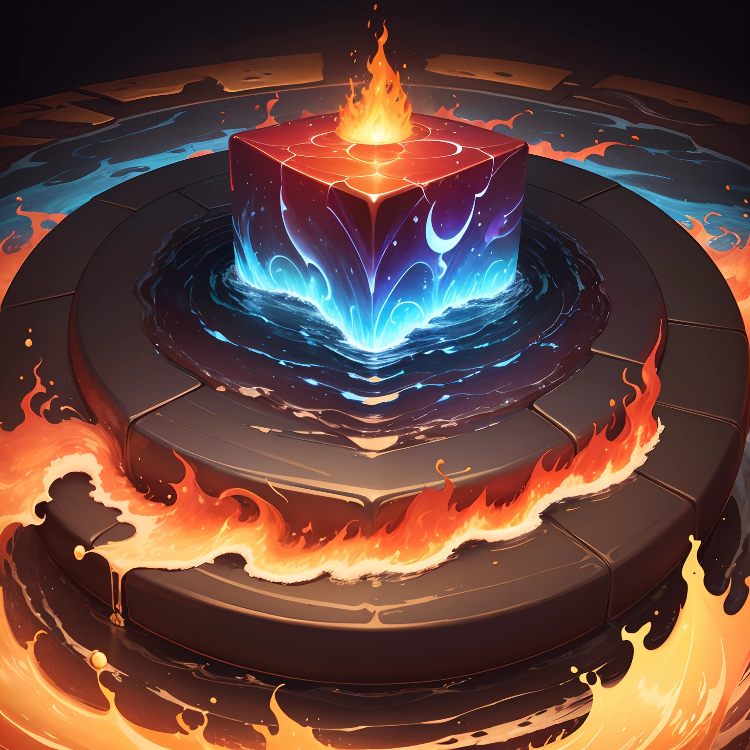 a vibrant logo containing waves (water), tornado (air), rock (earth), and flames (fire). No people. Make it square for an app. It will be an icon on spell data for D&D representing elemental spells