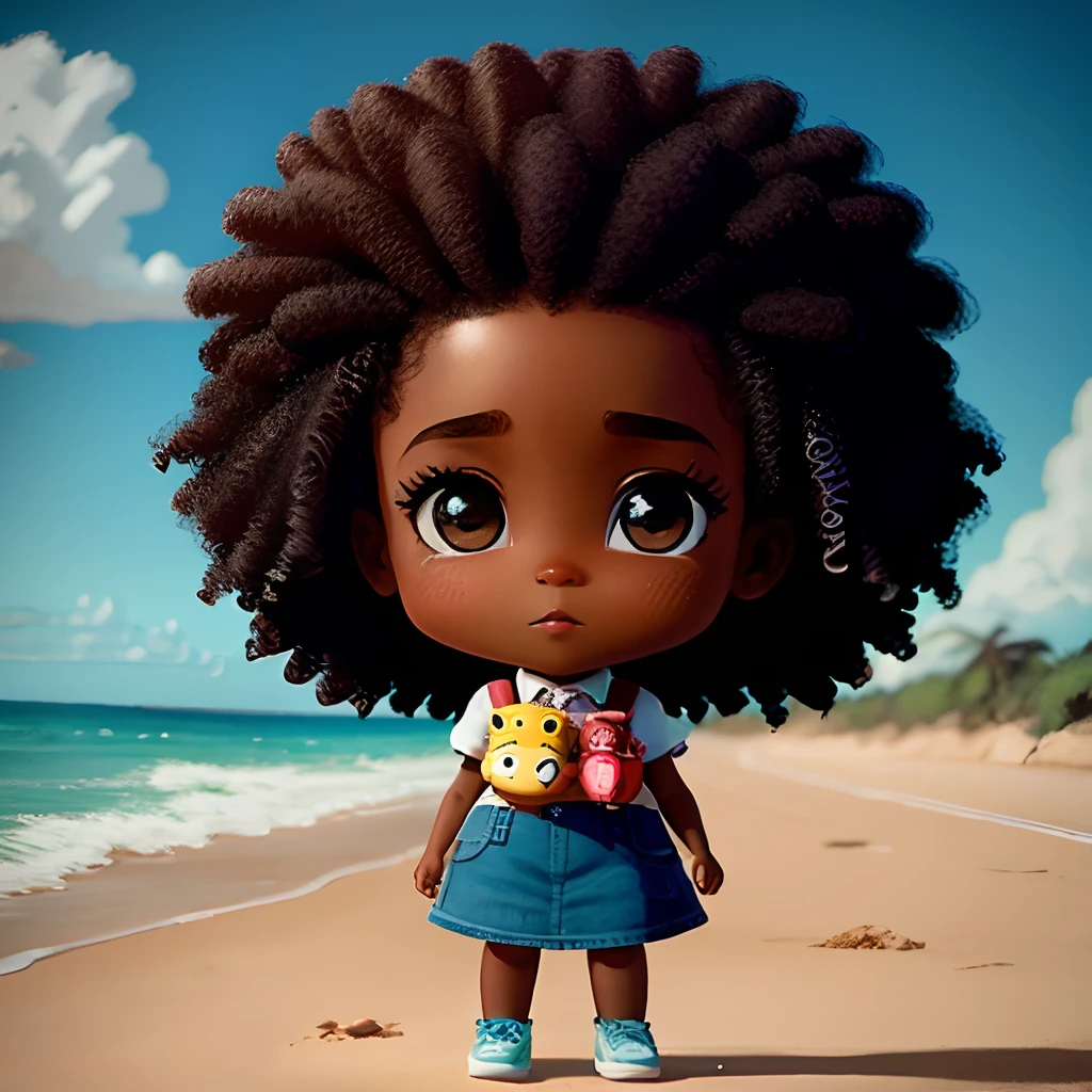 Advanced Digital Chibi A cartoon character holding a doll, negra, arte do filme, Foto limpa, Ghailan!, Como um personagem da Pixar, meninaa, de 6 anos de idade , cabelo afro, brincando, alegre, grace and blessing, renderizado em irreal, imagem promocional do filme, imagem renderizada - (afro:0.9), afro:1.2