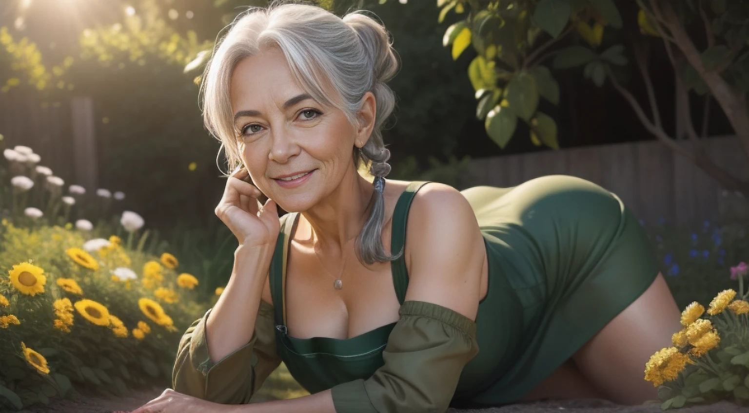 portrait of a 65-year-old woman with gray hair, seductive gaze, brown eyes, some wrinkles on her face,  8k, dark green rubber boots,detailed background, wrinkles on body, spring garden, light sunshining, outdoor beautiful garden, NSFW:1.1, yellow apron with high neckline, showing full body, full body, quite small breasts are exposed, looking at viewer, smiling, teeth indoors,soft lighting, extreme detail, hdr, pigtails in the front