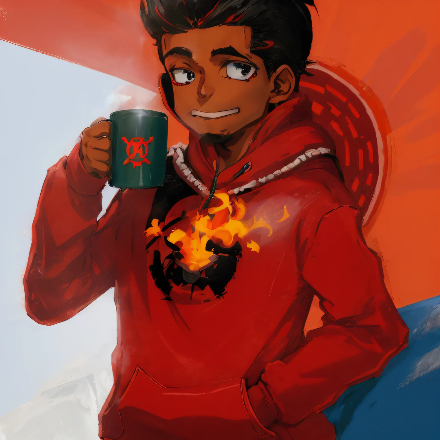 dark-skinned boy, combed back dark hair, red eyes, long sleeves, black sweatpants, perfect lighting, artwork, perfect eyes, perfect face, illustrations, ultra-detailed, photorealistic, vivid colors, portraits-esque, warm color tones, soft lighting