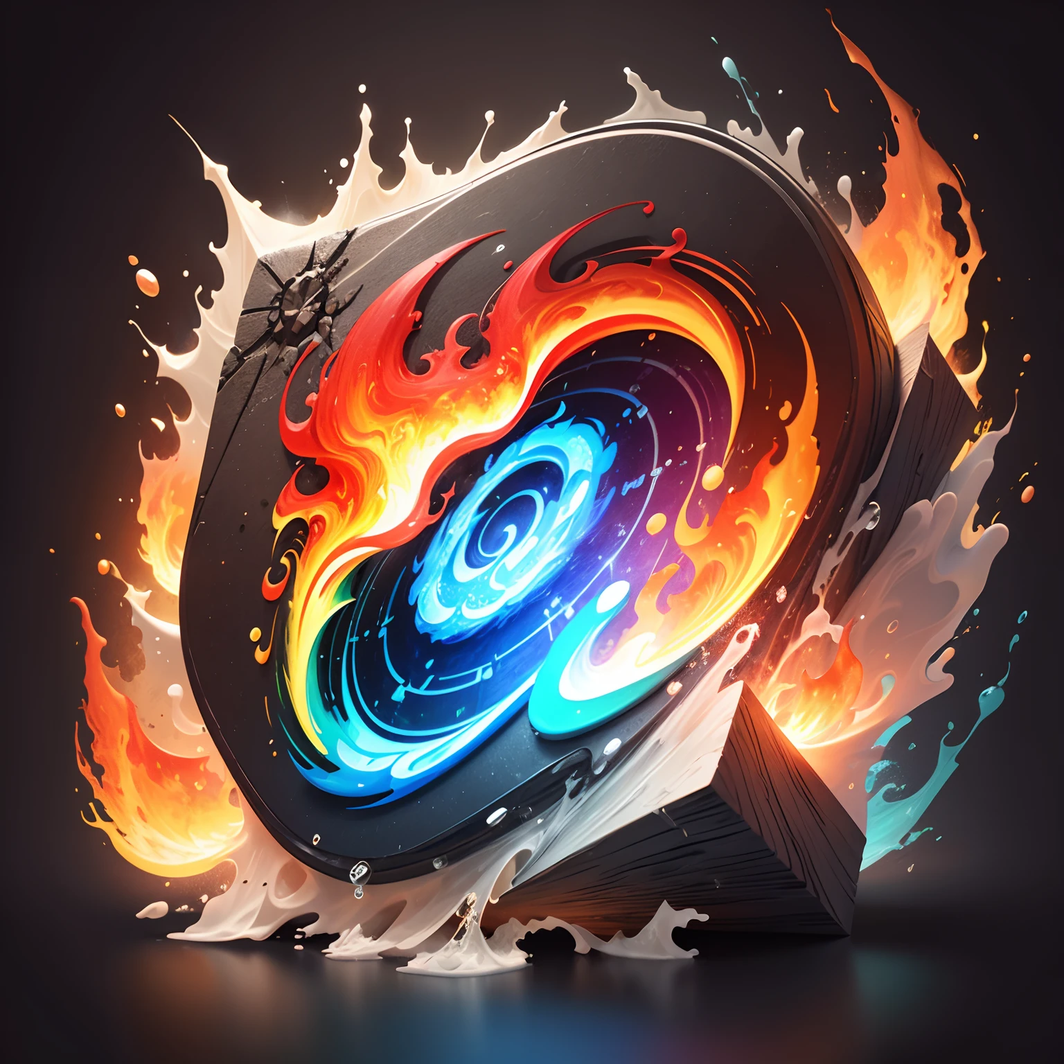 a vibrant logo containing waves (water), tornado (air), rock (earth), and flames (fire). No people. Make it square for an app. It will be an icon on spell data for D&D representing elemental spells