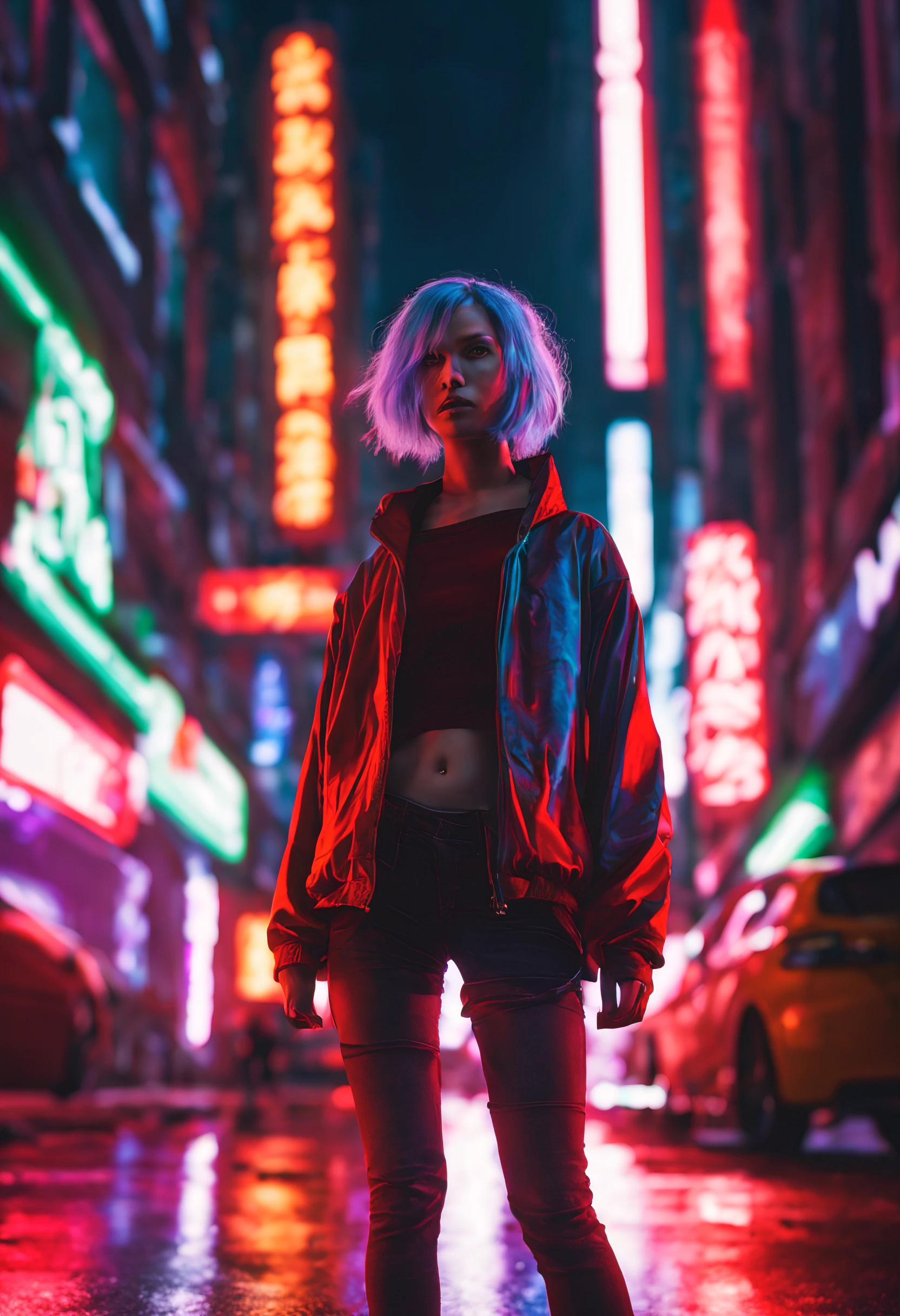 girl in the middle of cyberpunk city street, soft body, flowing hair, Shadow play, mist, moody, glossy short ash gray hair, orange tech jacket, red iris eyes, vivid, red, cream, brown, green, neon light, purple neon, blue neon, red neon,, Film light, Hyper detailed, Hyper realistic, masterpiece, atmospheric, High resolution, Vibrant, High contrast, dark angle, art by Koos Roos, 8k, HDR, 500px