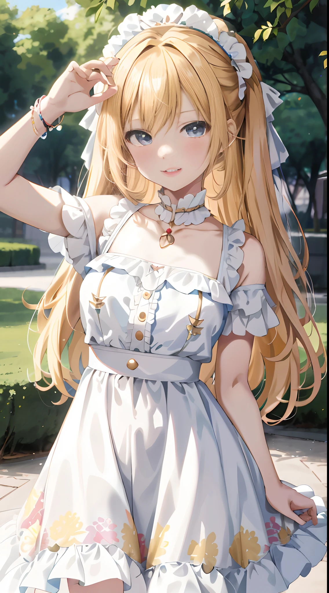 saratoga \(warship girls r\),1lady solo, standing, (evening dress) stylish, long hem, (mature female:0.8), bangs, kind smile, (masterpiece best quality:1.2) delicate illustration ultra-detailed, large breasts BREAK (luxury venue) indoors, chandelier, detailed background,blonde long hair(delicate eyes),(blue eyes),