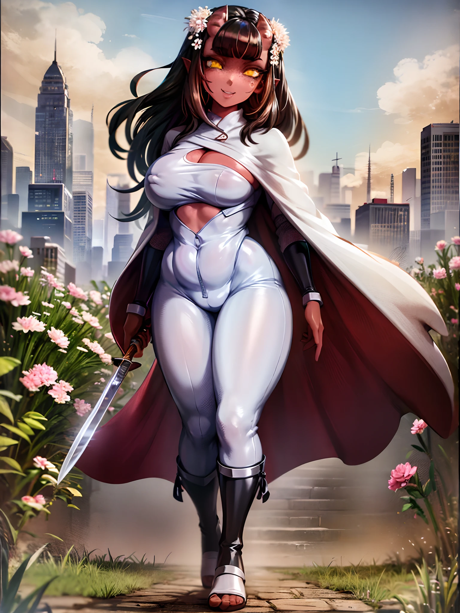 a beautiful and detailed image of meru , merunyaa,(red skin:1.3), horns,clothed,(freckles), flowing white dress,backlighting, field of flowers, holding flower, flower hair accessory, yellow eyes,smile, clouds,in front, alone, pants, medium breast,, knife holding, cloak, cape, walking, pants, solo, flip flops boots, full body, big breast