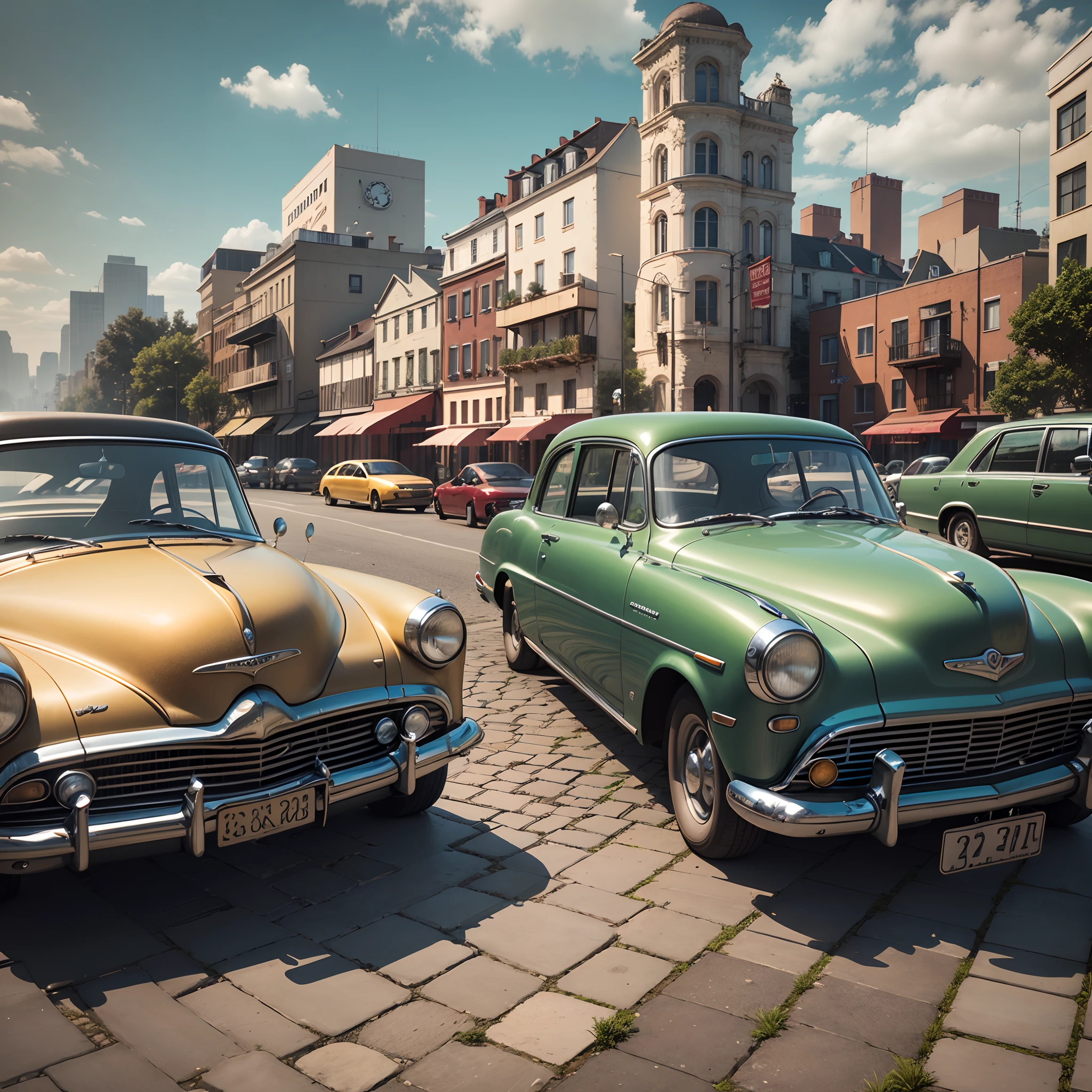 Create a scene where cars from different eras and styles are parked in complex backgrounds that evoke their respective periods. Imagine a landscape that blends a 19th-century cobblestone street with futuristic elements, or an environment that combines a lush forest with high-tech structures. The cars should be realistically and intricately depicted, each showcasing its unique personality. This composition is a masterpiece that highlights exceptional quality and meticulous attention to detail, making it ideal for illustration or a poster. Utilize 3D rendering techniques to craft an immersive visual experience that transports viewers to a world where the past and the future intersect in a surprising manner. --auto --s2