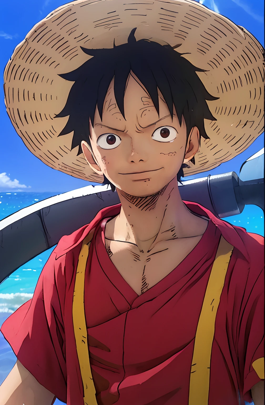 1 Boy, Monkey D Luffy, Straw Hat, Red Shirt, Short Hair, Black Hair, Realistic, Ultra Detail, 70mm Lens,