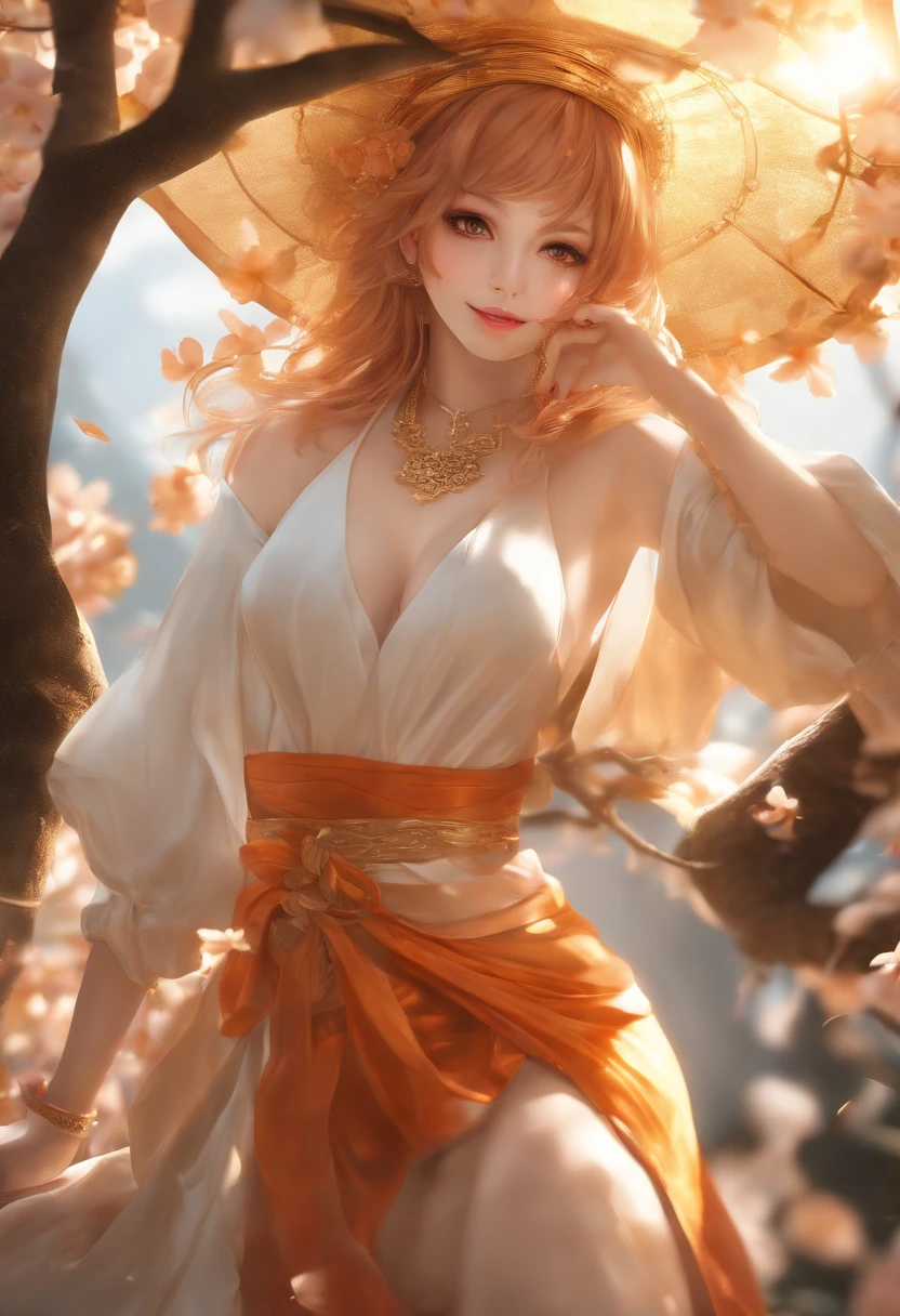 masterpiece, (photorealistic:1.5), best quality, beautiful lighting, real life, nami \(one piece\), 1girl, architecture, cherry blossoms, east asian architecture, falling petals, gold, japanese clothes, nude, log pose, long hair, looking at viewer, open mouth, orange hair, petals, shoulder tattoo, ]tattoo, teeth, upper teeth only , intricate, high detail, sharp focus, dramatic, beautiful girl , (RAW photo, 8k uhd, film grain), caustics, subsurface scattering, reflections, vaginal sex