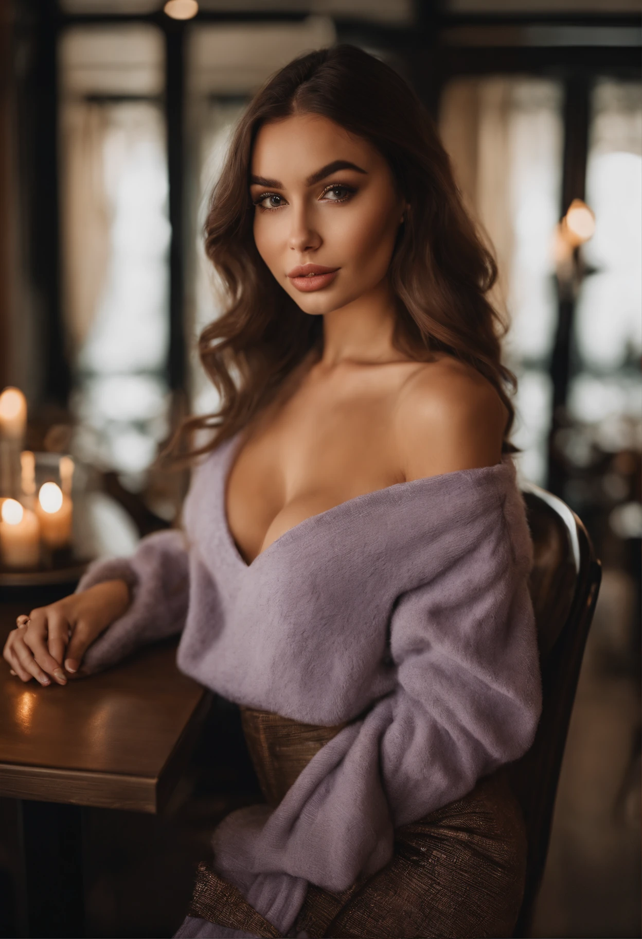 arafed woman with a beautiful winter outfit, sexy girl with brown eyes, portrait sophie mudd, brown hair and large eyes, selfie of a young woman, bedroom eyes, violet myers, without makeup, natural makeup, looking directly at the camera, face with artgram, subtle makeup, stunning full body shot, at the restaurant, cleavage