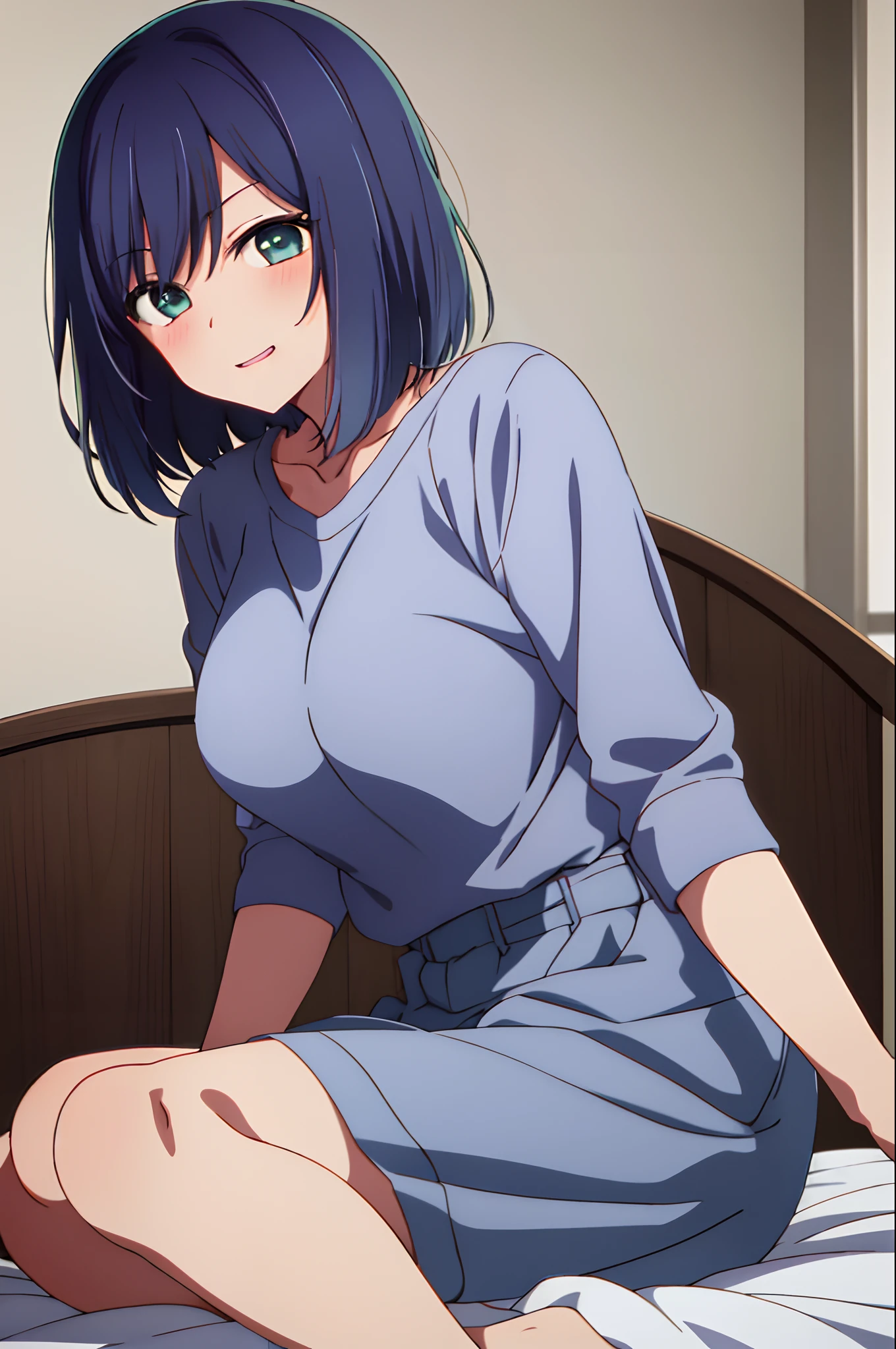 Kurokawa akane, solo girl, in bed, short hair, dark blue hair and  green eyes, light shirt and no bra, anime visual of a cute girl, screenshot from the anime film, & her expression is solemn, in the anime film, in an anime, anime visual of a young woman, she has a cute expressive face, still from anime, big breast, red cheek, lustful face, fair skin