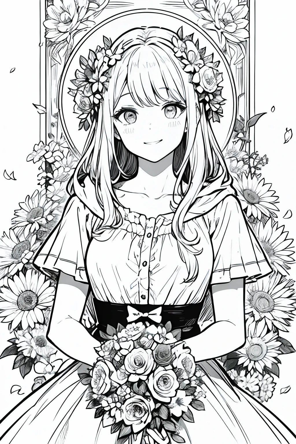 obra maestra, mejor calidad, 1 Barbie happy girl, solamente, Cabello largo, mirando al espectador, sonrisa, flequillo, falda, camisa, mangas largas, sombrero, vestido, arco, participation, boca cerrada, flor, volantes, flor del cabello, flower petals, ramo de flores, Clamping flower, volantes centrales, hood, flower clamping bouquet, campo, flor, castillo, Arte lineal, Monocromo,