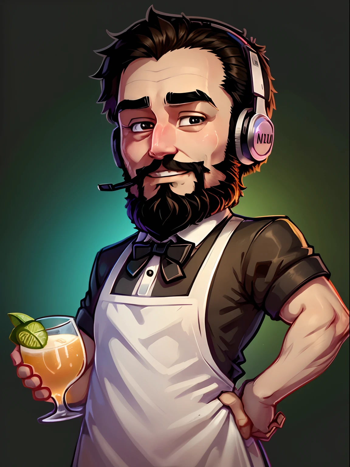 a stickers ,  man  who is a bartender. black short hair and full beard  using a gaming headset. He has a friendly face and wears a bartender's uniform,complete with apron and bow tie, represented with vibrant colors, happy expression, big eyes and a welcoming appearance. chibbi anime style. White background