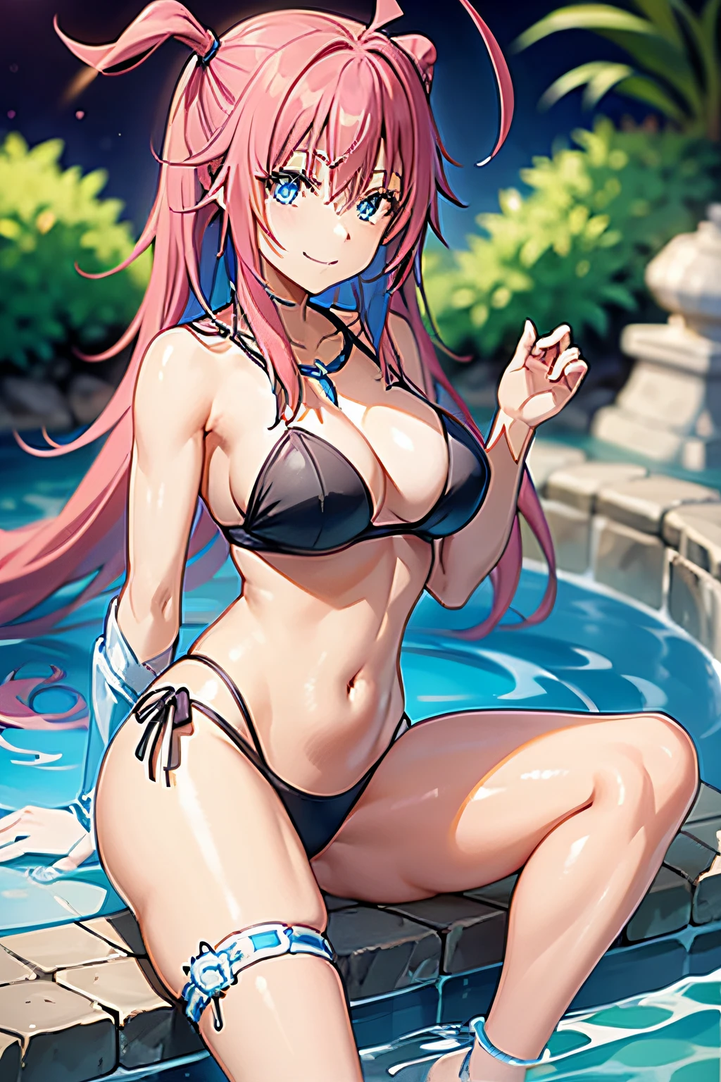 1Female、When I was reincarnated, I was a slime character(ager)、masterpiece、superior quality、accurate、animesque、Child Demon King、Aimei、beautiful blue eyes and detailed、Pink hair、two-tailed、Proud double tails, very short black bikini 、Average breasts、True to the original、((barefoot)), muscular belly, beautiful muscular legs, Thick legs, (Smile), sitting in the pool