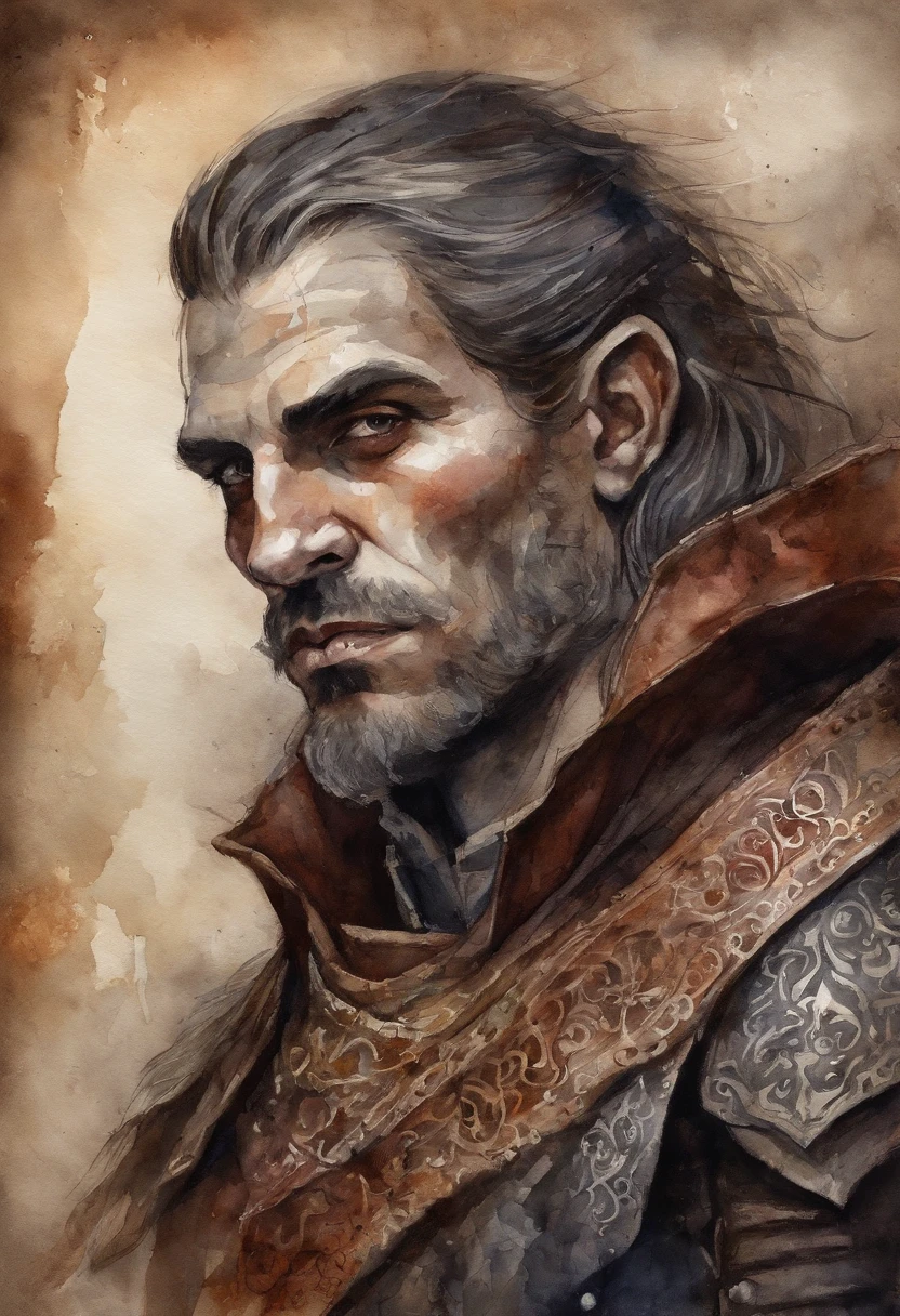 homem vampiro, armadura medieval, fundo escuro, pelo palida, cabelos longos, olhos vermelhos