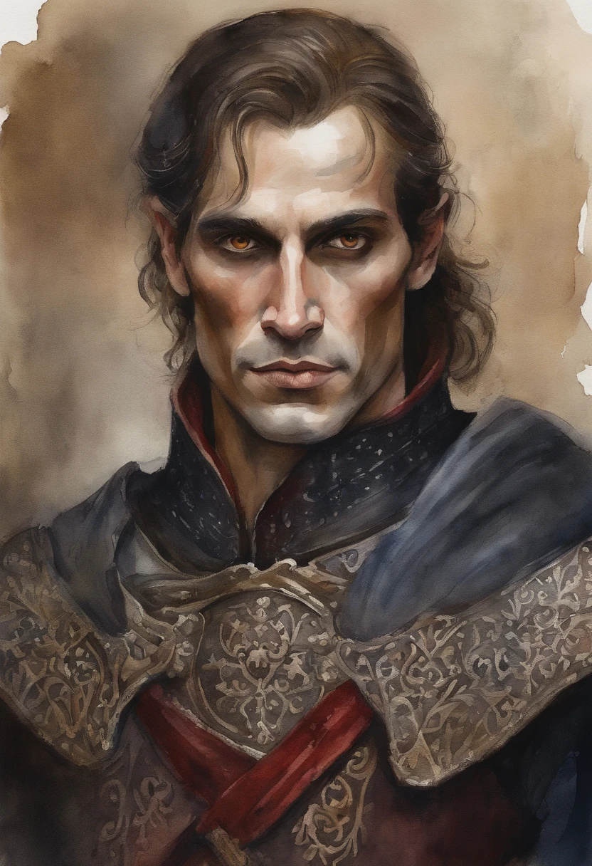 homem vampiro, armadura medieval, fundo escuro, pelo palida, cabelos longos, olhos vermelhos