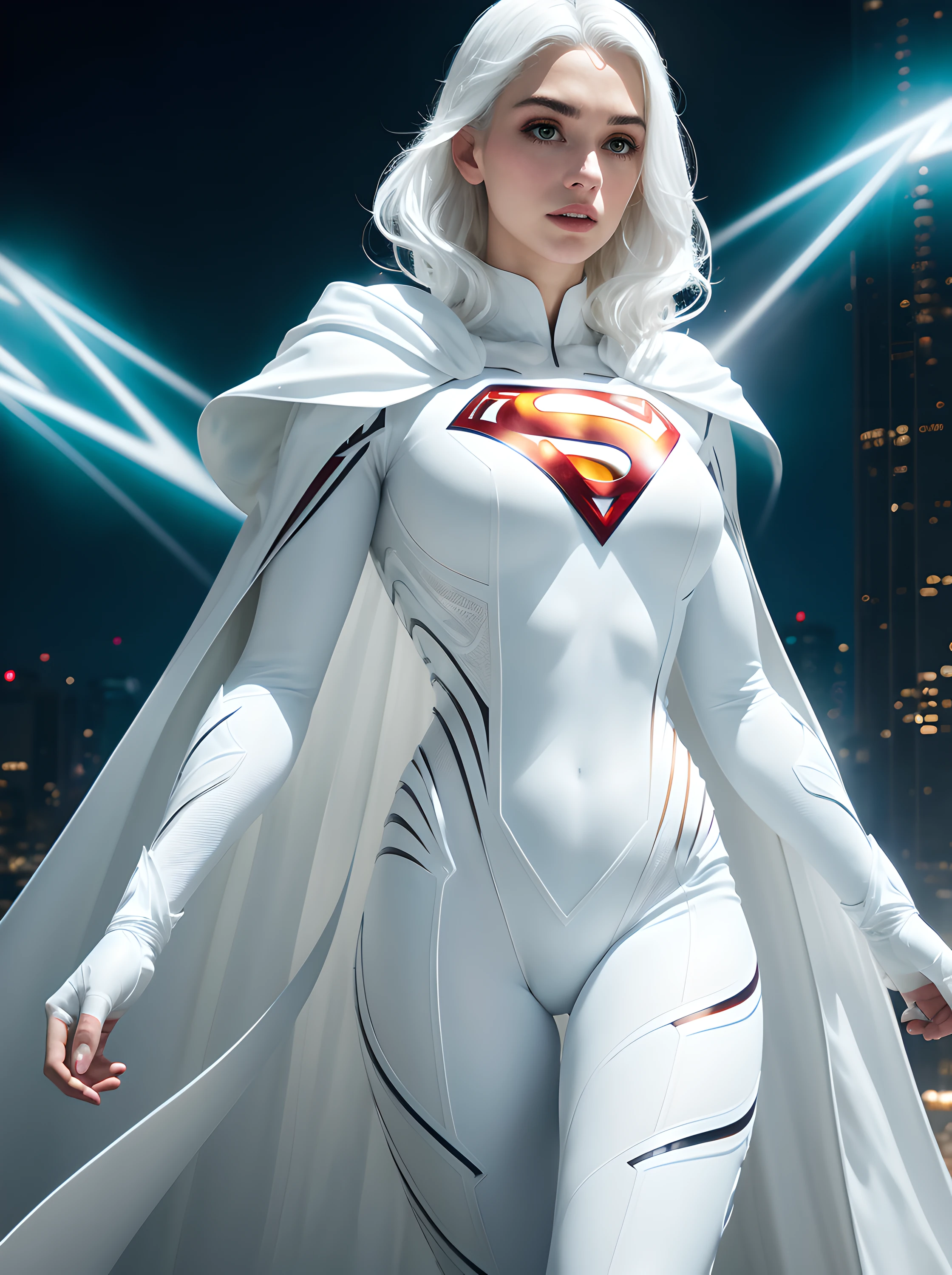 A 25-year-old girl with white hair in an elaborate long-sleeved Superman costume in white, covering the whole body, Vivid colors, dramatic lighting, white capelet , White Superman Costume, Suit with white carbon fiber details, (intricate details:0.9), (HDR, hyper-detailing:1.2), (natural skin textures, hyper realisitc, soft light, Sharp