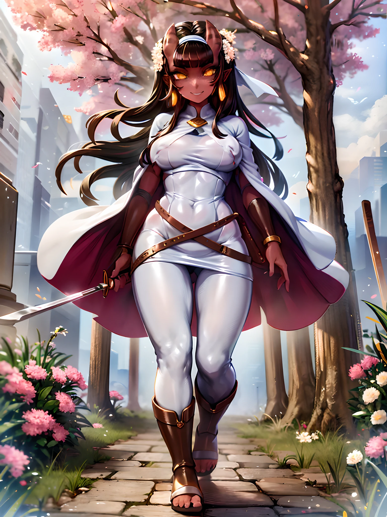 a beautiful and detailed image of meru , merunyaa,(red skin:1.3), horns,clothed,(freckles), flowing white dress,backlighting, field of flowers, holding flower, flower hair accessory, yellow eyes,smile, clouds,in front, alone, pants, medium breast,, knife holding, cloak, cape, walking, pants, solo, flip flops boots, full body, big breast, pullover