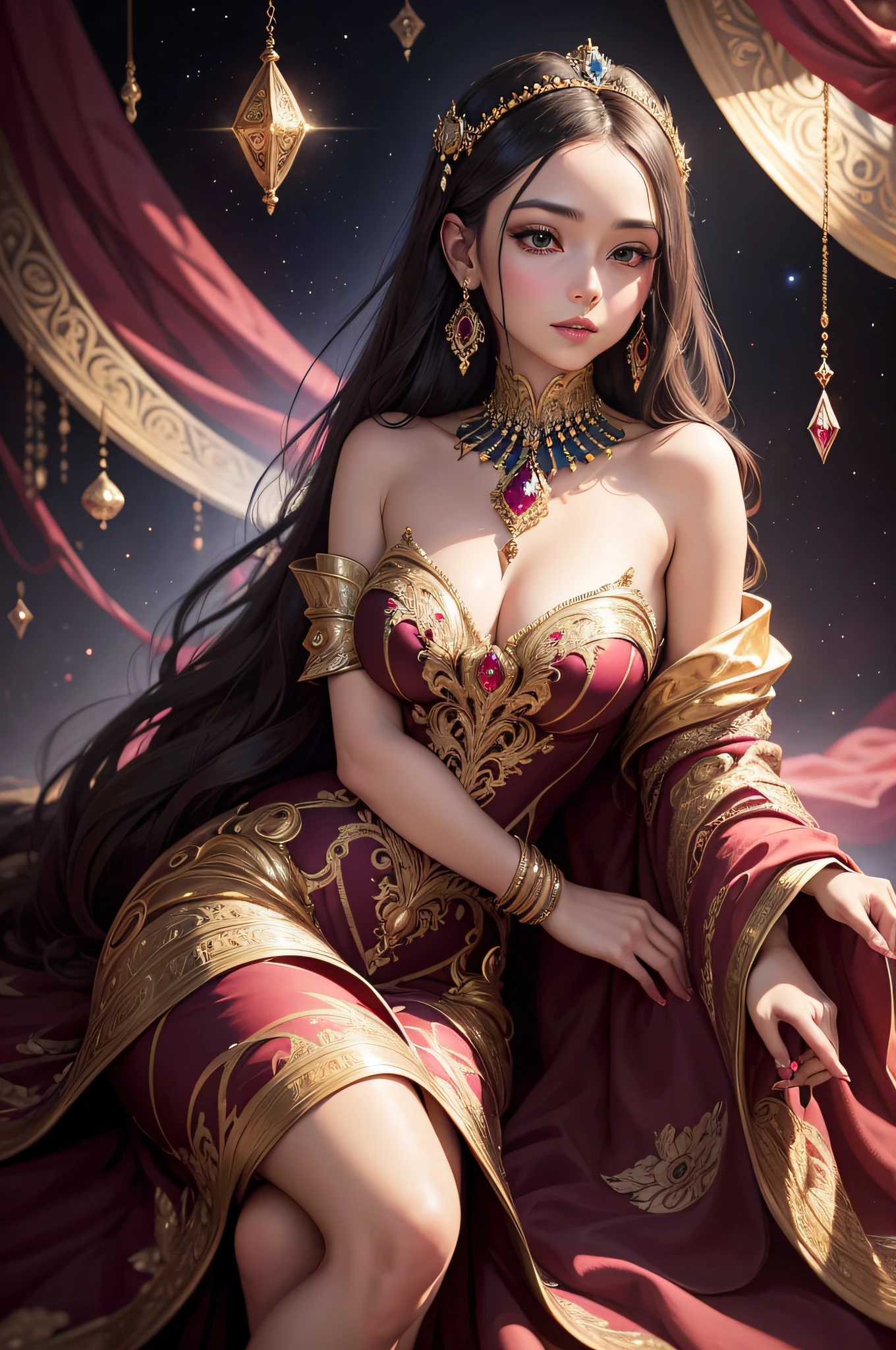 An opulent painting of a girl in an elegant silk dress, her attire adorned with a stunning array of rubies, diamonds, and sapphires, sitting gracefully amidst the glittering jewels of the cosmos.