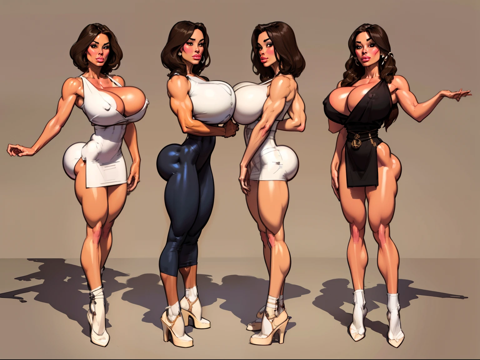 ((masterpiece)),(((best quality))),((character design sheet)), ((full body view)) ((native american girl)) mature face, defined cheekbones, high cheekbones, illustration, native girl, muscular, ((buckskins:1.4)), sexy bimbo, (gigantic breasts:1.7) black hair, ((detailed face:1.4)) beautiful woman, (native:1.4) (dresses:1.3) , shiny skin, scribbles and marks,(puffy lips:1.4) , rough sketches, pose, 8k,16k, (simple background, white background: 1.3) beige color palette, brown legs, brown arms, brown face