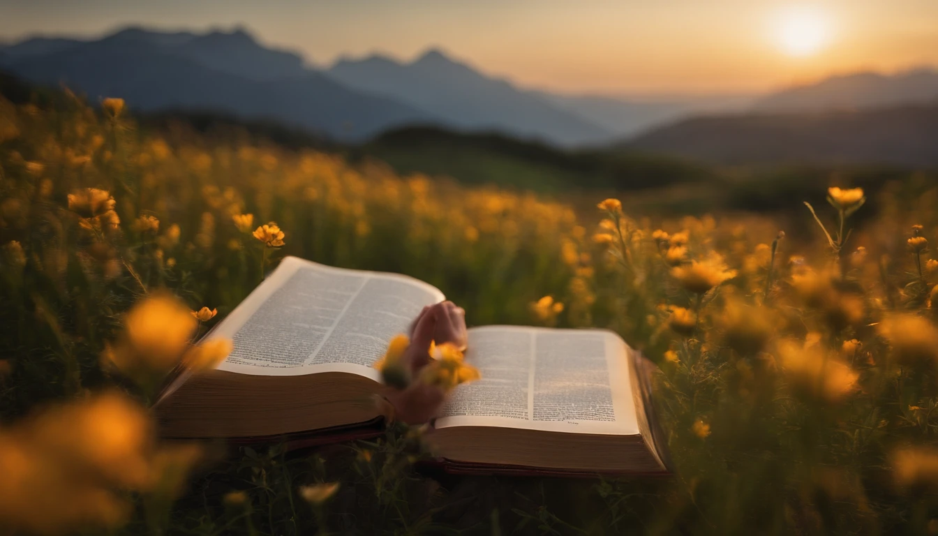 Open Bible and a beautiful field of flowers with mountains in the background, amanhecer