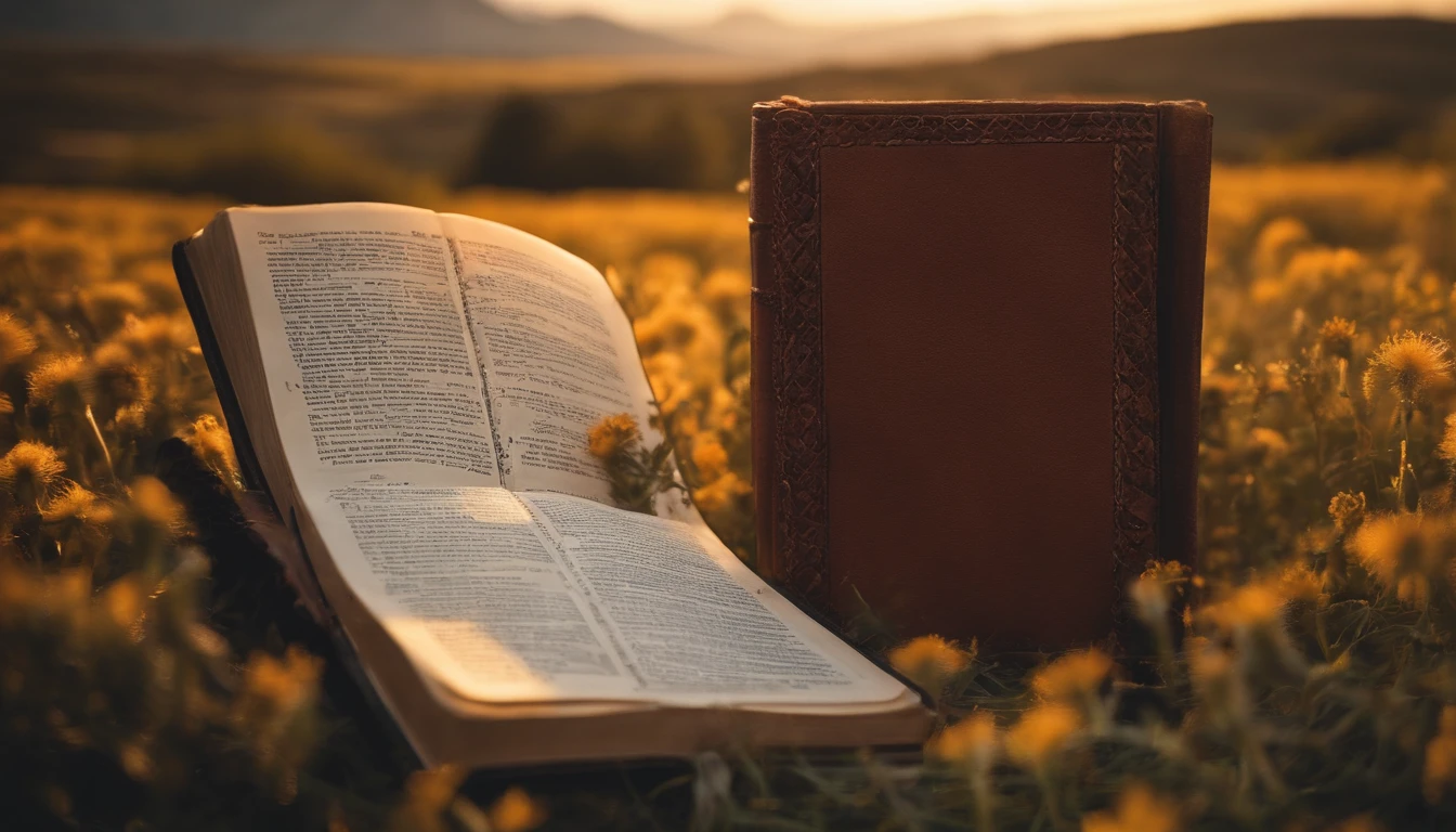 Open Bible and a beautiful field of flowers with mountains in the background, amanhecer