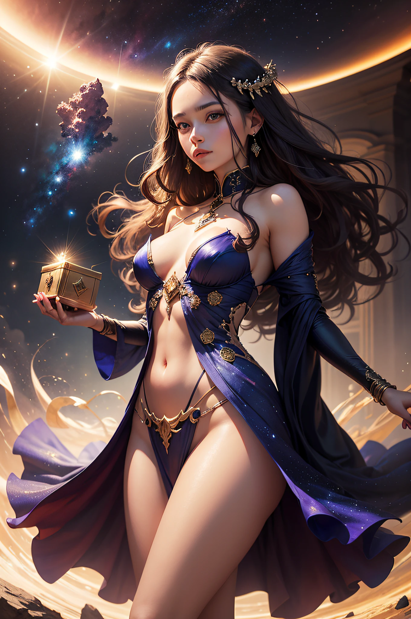 A mesmerizing artwork that combines realism and fantasy, depicting a girl in celestial silk attire, holding a treasure chest filled with rubies, diamonds, and sapphires while floating through the infinite expanse of space.