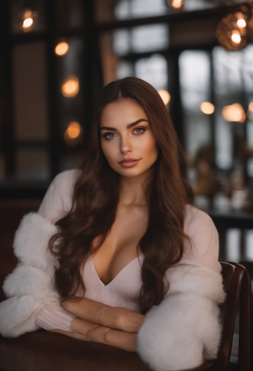 arafed woman with a beautiful winter outfit, sexy girl with brown eyes, portrait sophie mudd, brown hair and large eyes,bedroom eyes, violet myers, without makeup, natural makeup, looking directly at the camera, face with artgram, subtle makeup,selfie at the bar, cleavage