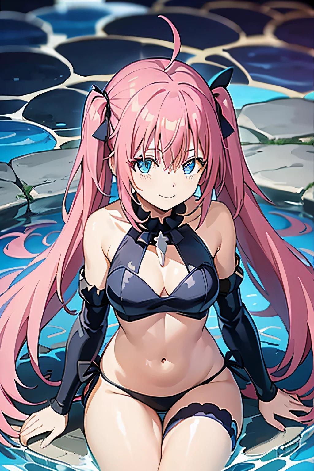 1Woman、When I reincarnated, I was a slime character(ager)、masterpiece、superior quality、accurate、animesque、Children's Demon King、Aimei、beautiful detailed blue eyes、Pink hair、piggy back, proud, black bikini and more short、Medium breasts、True to the original、((barefoot)), muscular belly, beautiful muscular legs, (Smile), sitting in the pool