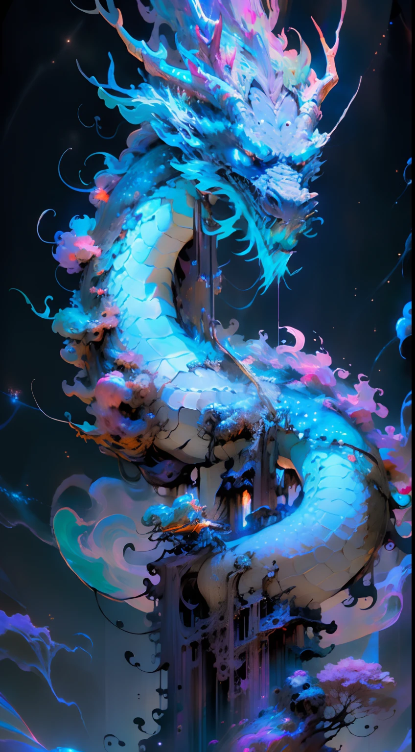 World Tree,Star ring,the boundless universe,Endless galaxies,Dangerous black holes,Exploding supernova,Floating stellar nebula,Negative dark mode, A dragon wrapped around a tree, Dragon Guard