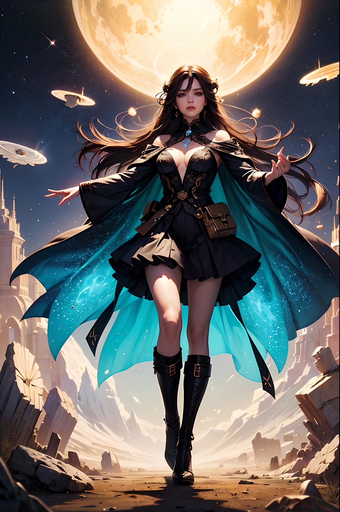 A mesmerizing artwork that combines realism and fantasy, depicting a girl in celestial silk attire, holding a treasure chest filled with rubies, diamonds, and sapphires while floating through the infinite expanse of space.