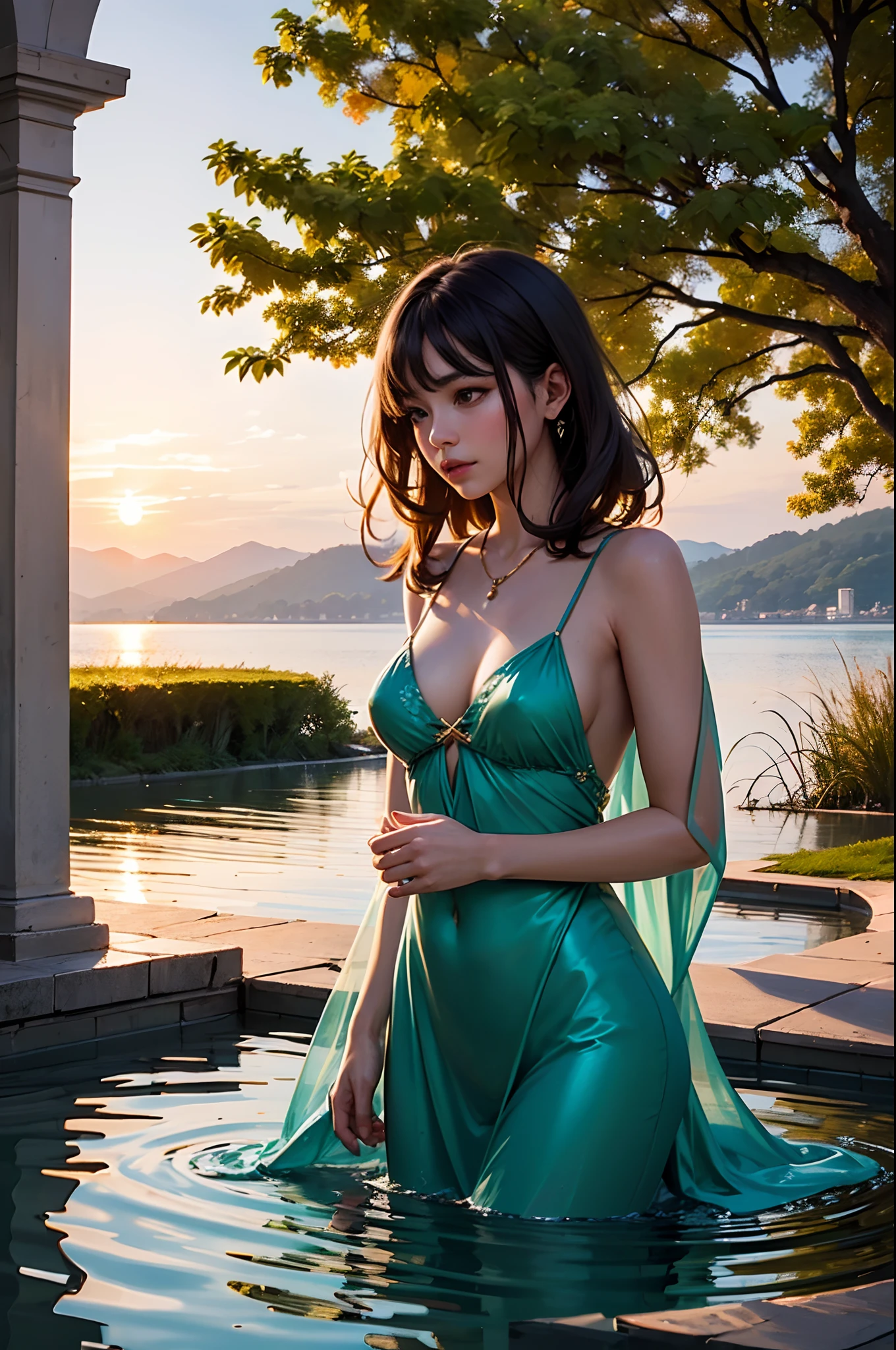 Photorealistic Photo: A stunning photograph captured during the golden hour, showcasing a girl draped in silk by the pool's edge on a magical world, with the planet's surreal landscape reflected in the calm waters.