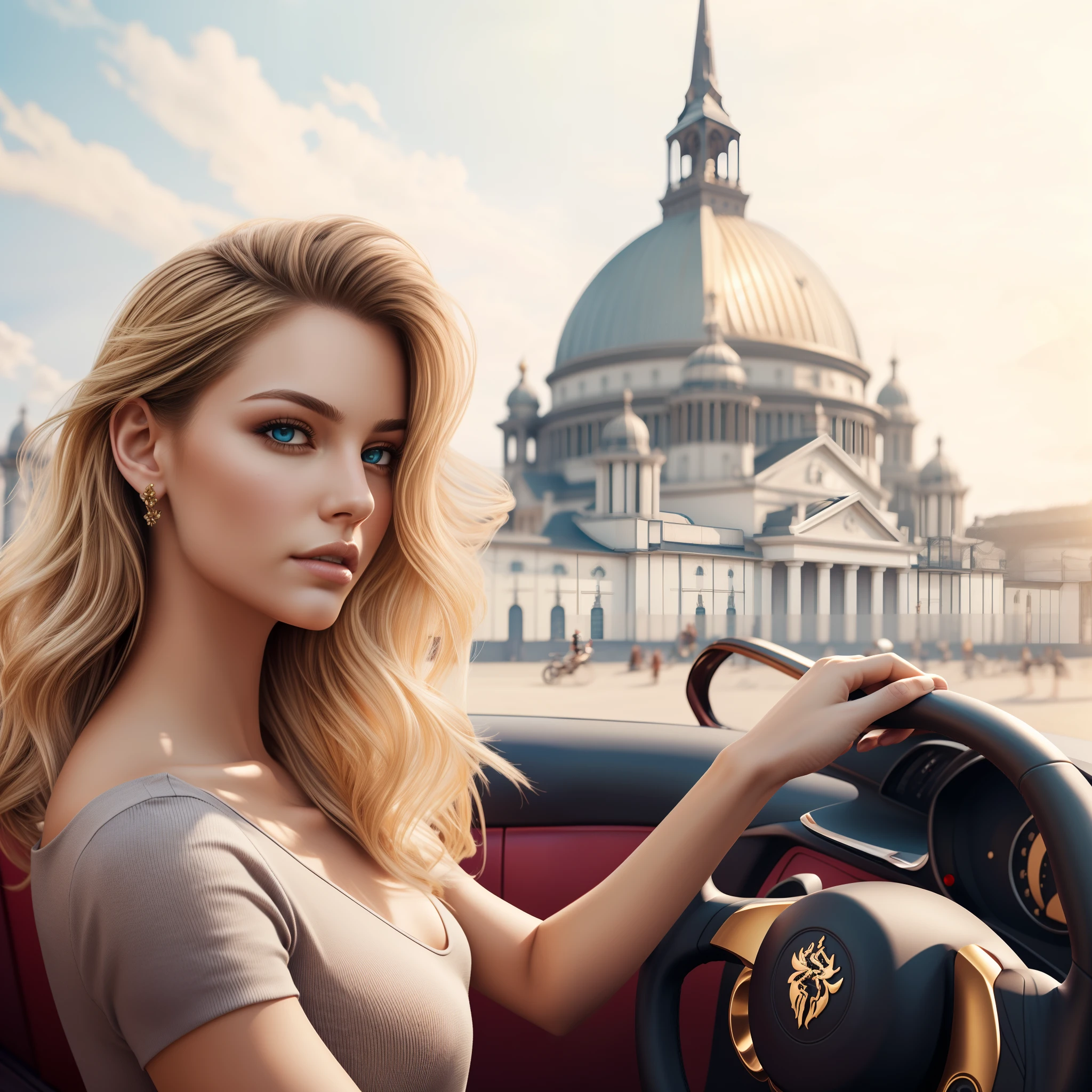 ( masterpiece) , realistic, portrait of a young Caucasian woman insanely beautiful face, sunlight, cinematic light, messy windy hair, stunningly beautiful woman, beautiful eyes, perfect anatomy, very cute, tanned golden skin, princess hazel eyes, ( enclosing the head in a frame) , stylized, 8 life - size, 8 K resolution, resting on the terrace of a cafe in trendy clothes, looking far away, human hands, strangely rich and graceful, full - body view, dynamic, very delicate, character sheets, concept art, smooth and distant view