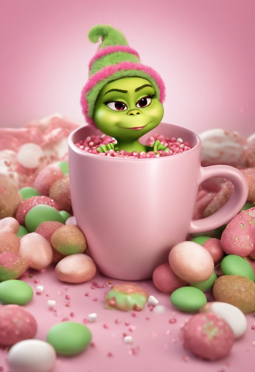 text " steal your girl" a cute friendly cartoon baby pink skinned grinch, pink skinned grinch, surrounded by pastelitos and coffee. sitting in a glittery filled coffee cup, filled with chocolate milk and marshmallows. 3d Candy canes and coffee beans in the background. Pink baby grinch with a Christmas hat, cute, detailed, hd, magical