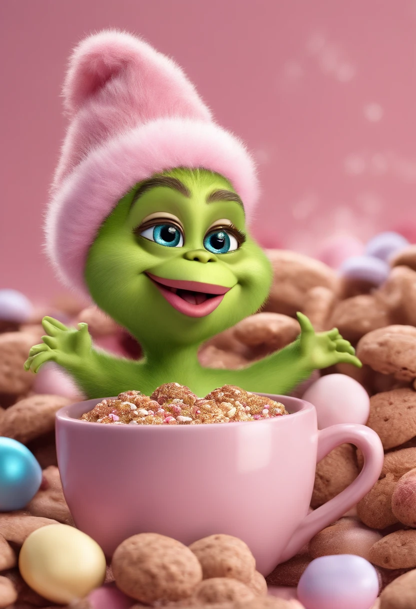 text " steal your girl" a cute friendly cartoon baby pink skinned grinch, pink skinned grinch, surrounded by pastelitos and coffee. sitting in a glittery filled coffee cup, filled with chocolate milk and marshmallows. 3d Candy canes and coffee beans in the background. Pink baby grinch with a Christmas hat, cute, detailed, hd, magical