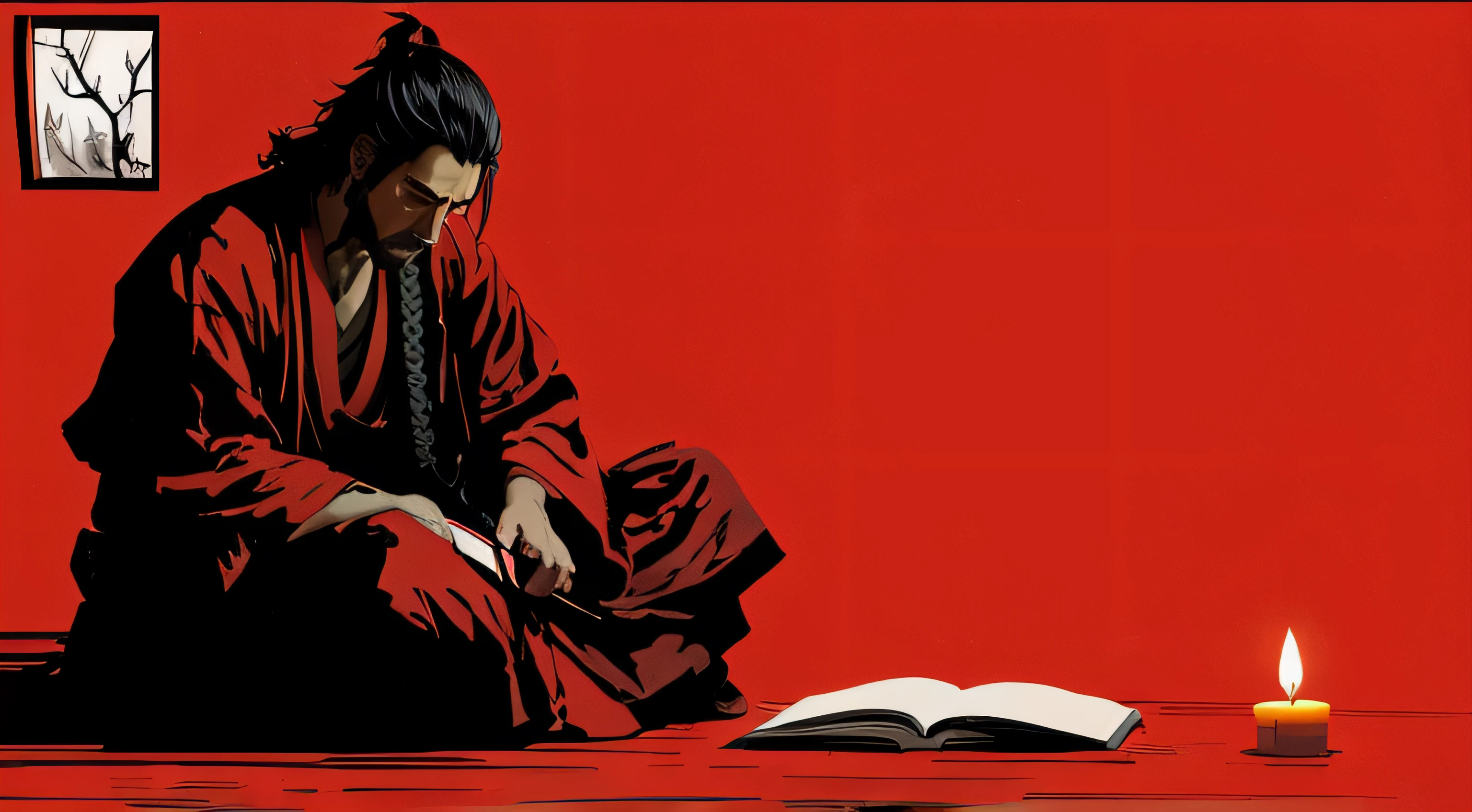 drawing of Miyamoto Musashi sitting, open book and candle on the floor, red background