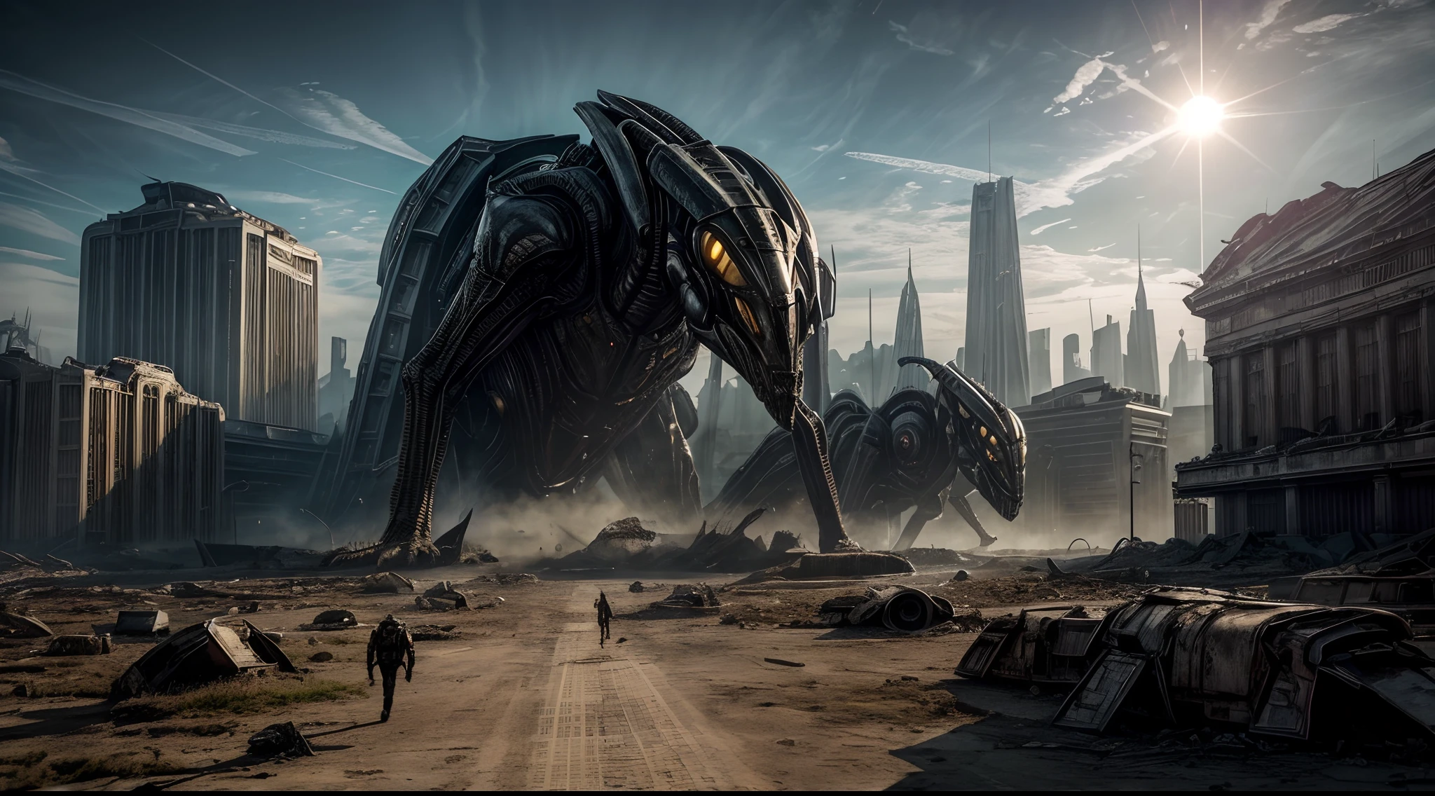 masterpiece, best quality, intricate detail, complex scenery, thrilling, dramatic action, 8k, hdr, "Creepy and intense alien invasion scene with sunny daylight and clear azure blue sky atmosphere, dramatic bright lighting, and intense action. Show powerful extraterrestrial creatures, advanced technology, destroyed cityscape, panicked civilians, and a sense of imminent danger. Generate an unsettling and immersive image that captures the chaos, cruelty, devastation and terror of an otherworldly huge alien insectoid monster invasion, they look and act like devils and demons from outer space", groups of anxious people in panic trying to escape from extinction, ultra complex highly dramatic scenery with intricare details, ultra fine render textures.